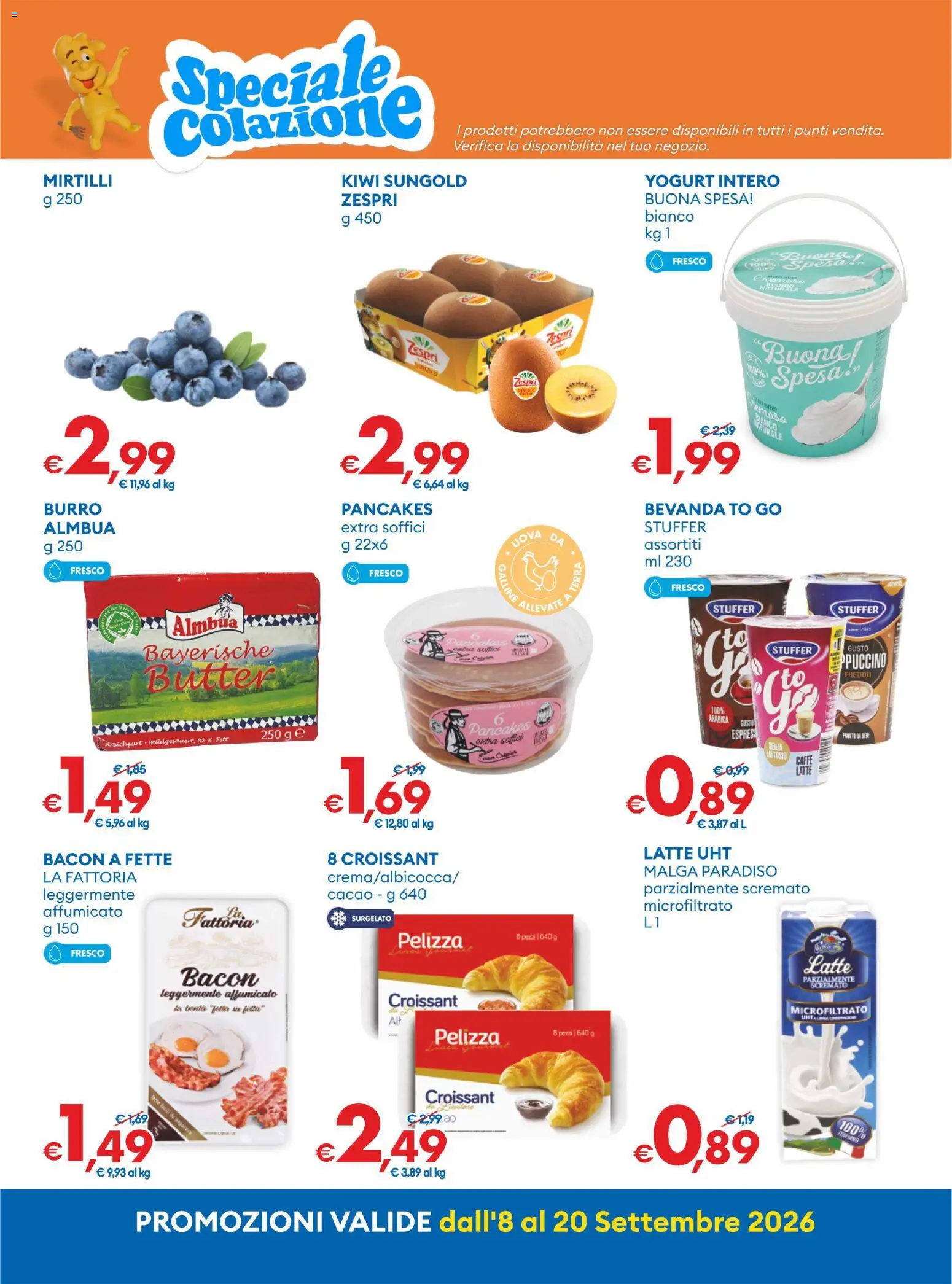 Anteprima dell'opuscolo MD Discount volantino dal negozio MD Discount valido da 08/09/2026 - Kiwi, Latte, Croissant, Yogurt, Mirtilli, Burro, Bacon, Cacao
