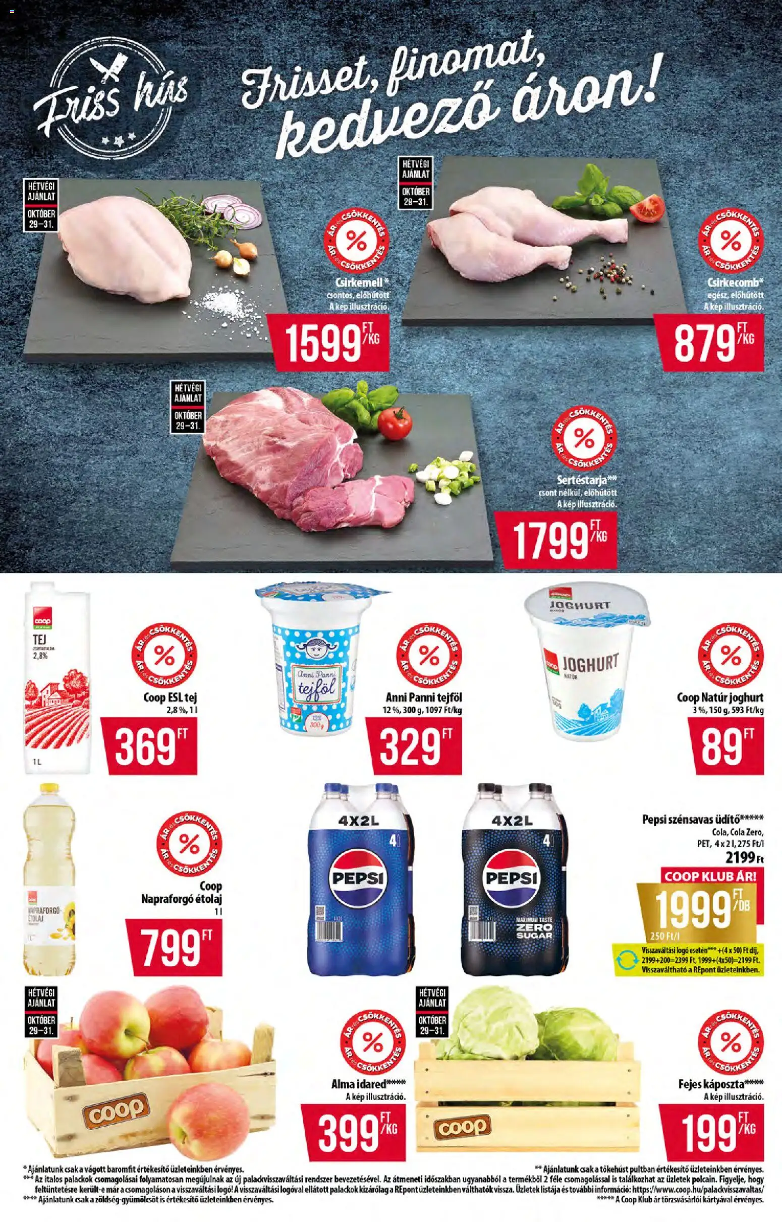 COOP - COOP - Abc & Szuper / Tisza megtekintése, amely érvényes 2026.10.29.-től - Alma, Káposzta, Pepsi, Fejes káposzta, Cola, Joghurt, Sertéstarja, Étolaj