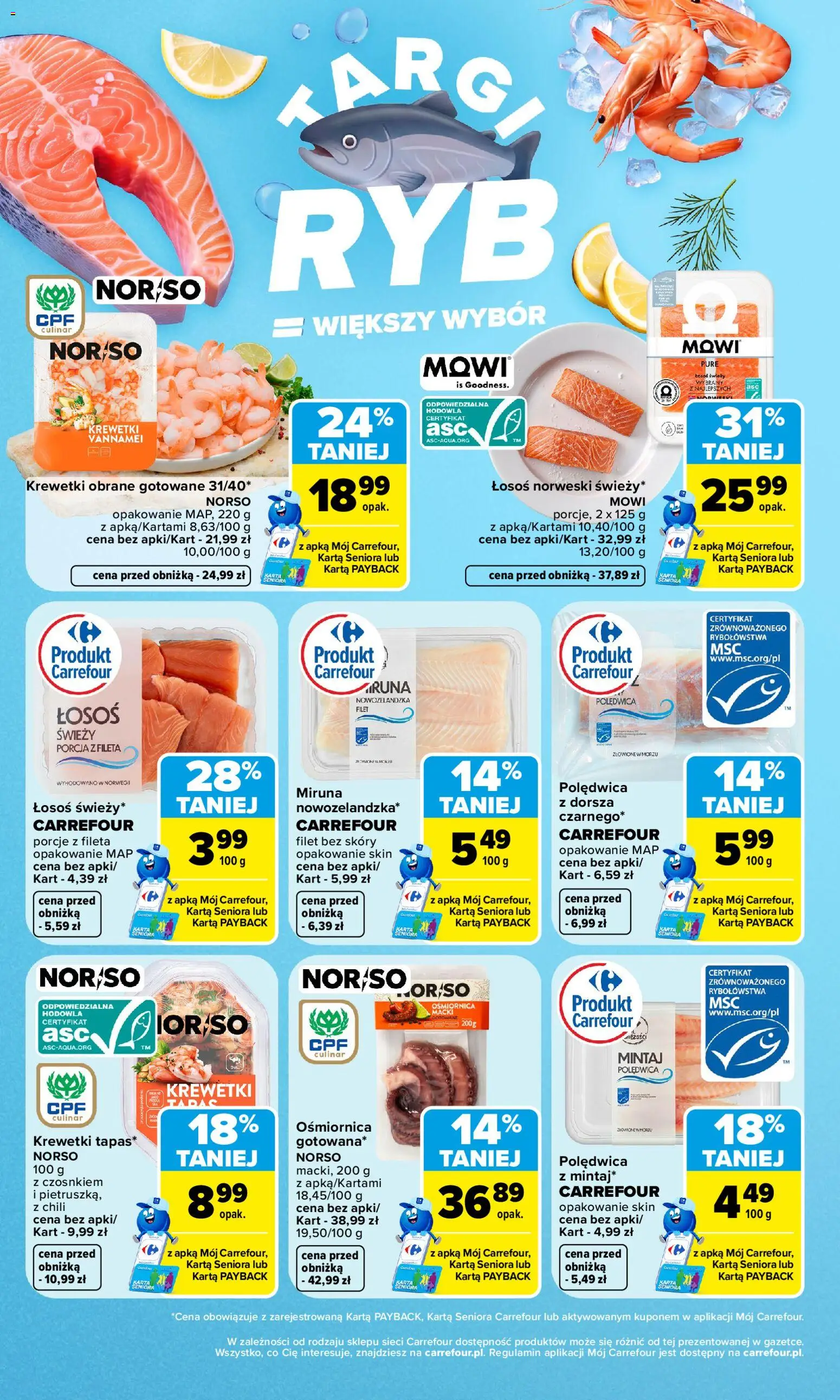 Pogląd gazetki "Carrefour gazetka - Weź to na świeżo" ze sklepu Carrefour ważnej od 12.10.2026 - Krewetki, Łosoś, Mintaj, Chili, Łosoś norweski, Krewetki vannamei, Krewetki obrane, Łosoś świeży