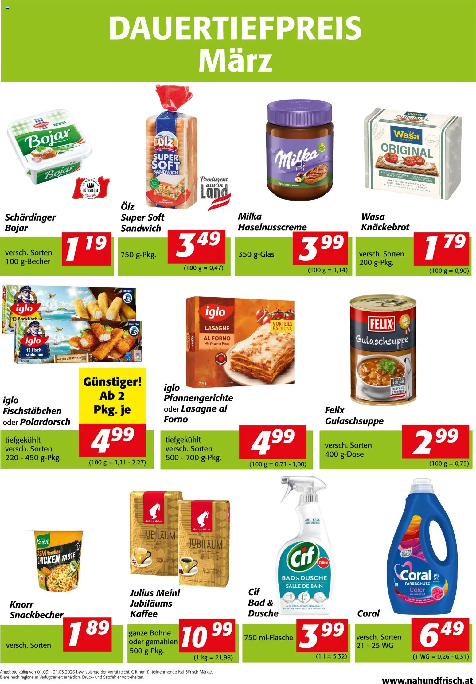 Vorschau der Angebote: Nah und Frisch Nah und Frisch Dauertiefpreise März gültig ab 01.03.2026 - Kaffee, Pasta, Bad, Fisch, Dusche, Waschmittel, Bohne