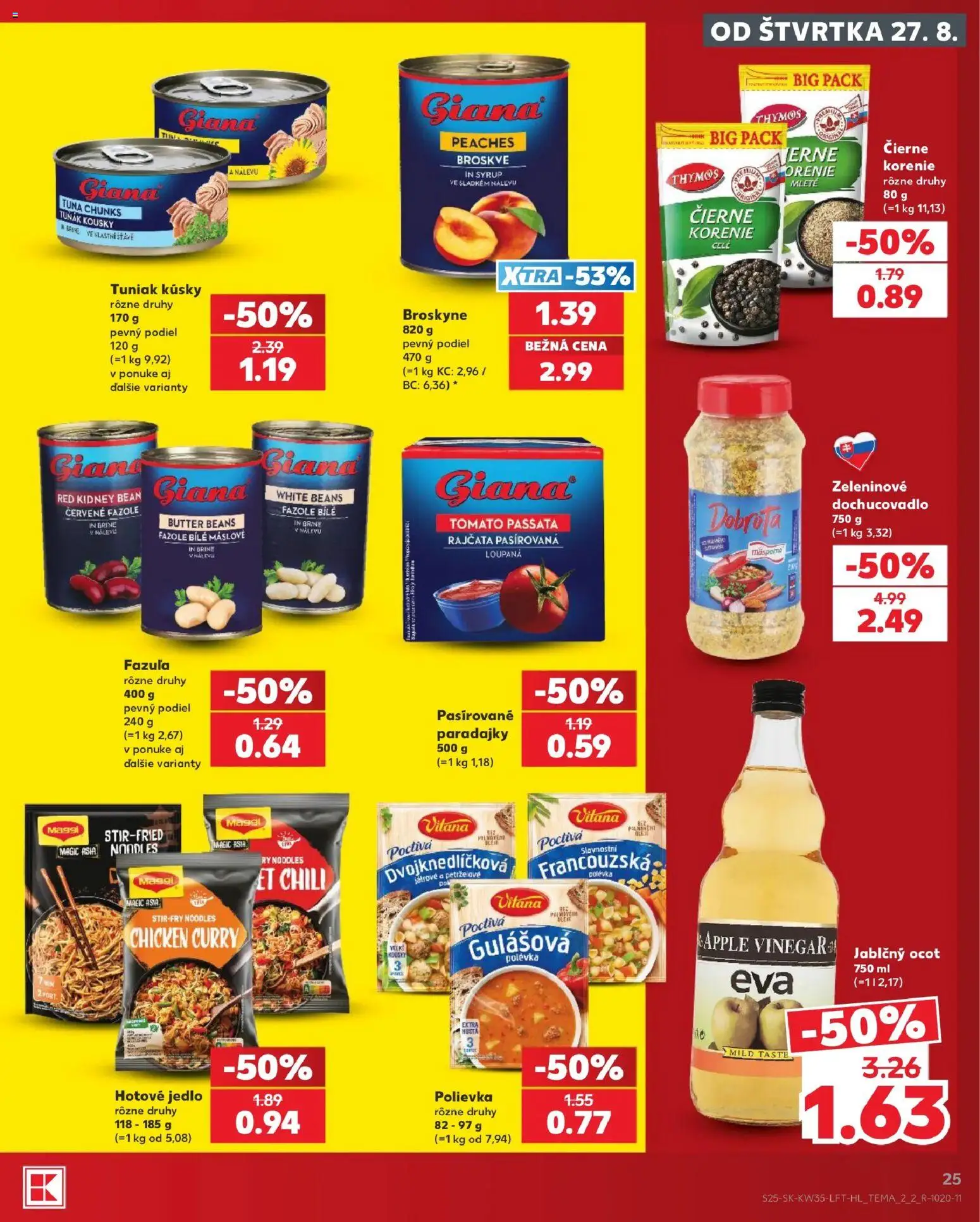 Náhľad Kaufland letáku platného od 27.08.2026 - Apple, Paradajky, Tuniak, Jablčný ocot, Fazuľa, Korenie, Ocot, Broskyne