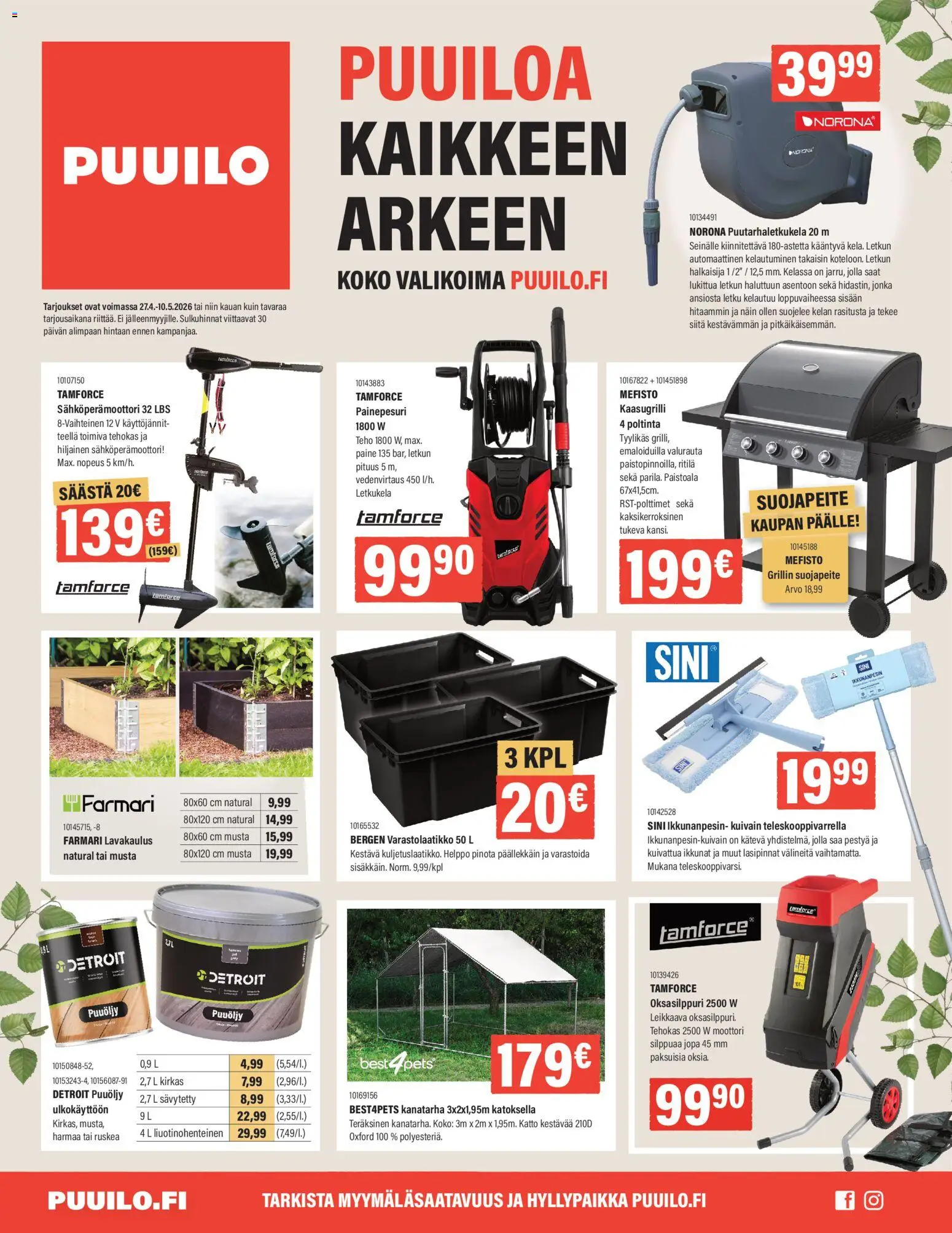 Kaupan Puuilo Puuilo tarjoukset esikatselu, voimassa 27/04/2026 - Kaasugrilli, Painepesuri, Ritilä, Letku