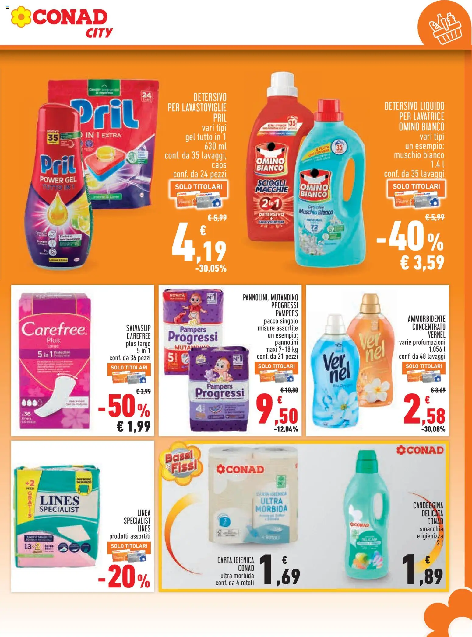 Anteprima dell'opuscolo Conad volantino City Piemonte dal negozio Conad valido da 27/08/2026 - Lavatrice, Carta igienica, Pampers, Candeggina, Ammorbidente, Pannolini, Detersivo per lavastoviglie, Salvaslip