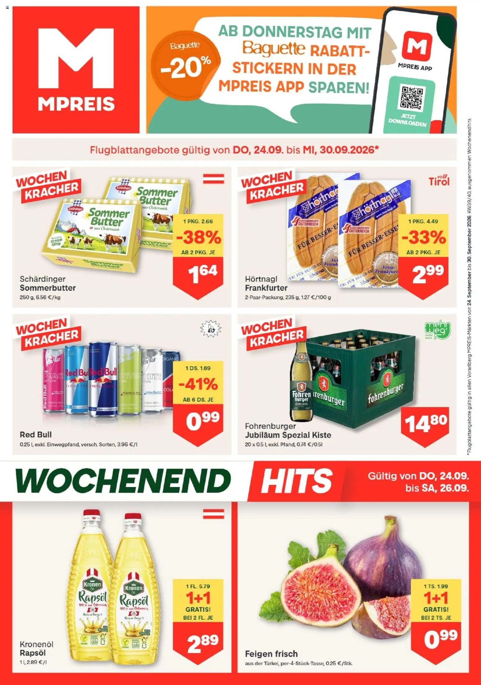 Vorschau der Angebote: MPREIS MPREIS Hohenems gültig ab 24.09.2026 - Burger, Baguette, Butter, Feigen, Rapsöl