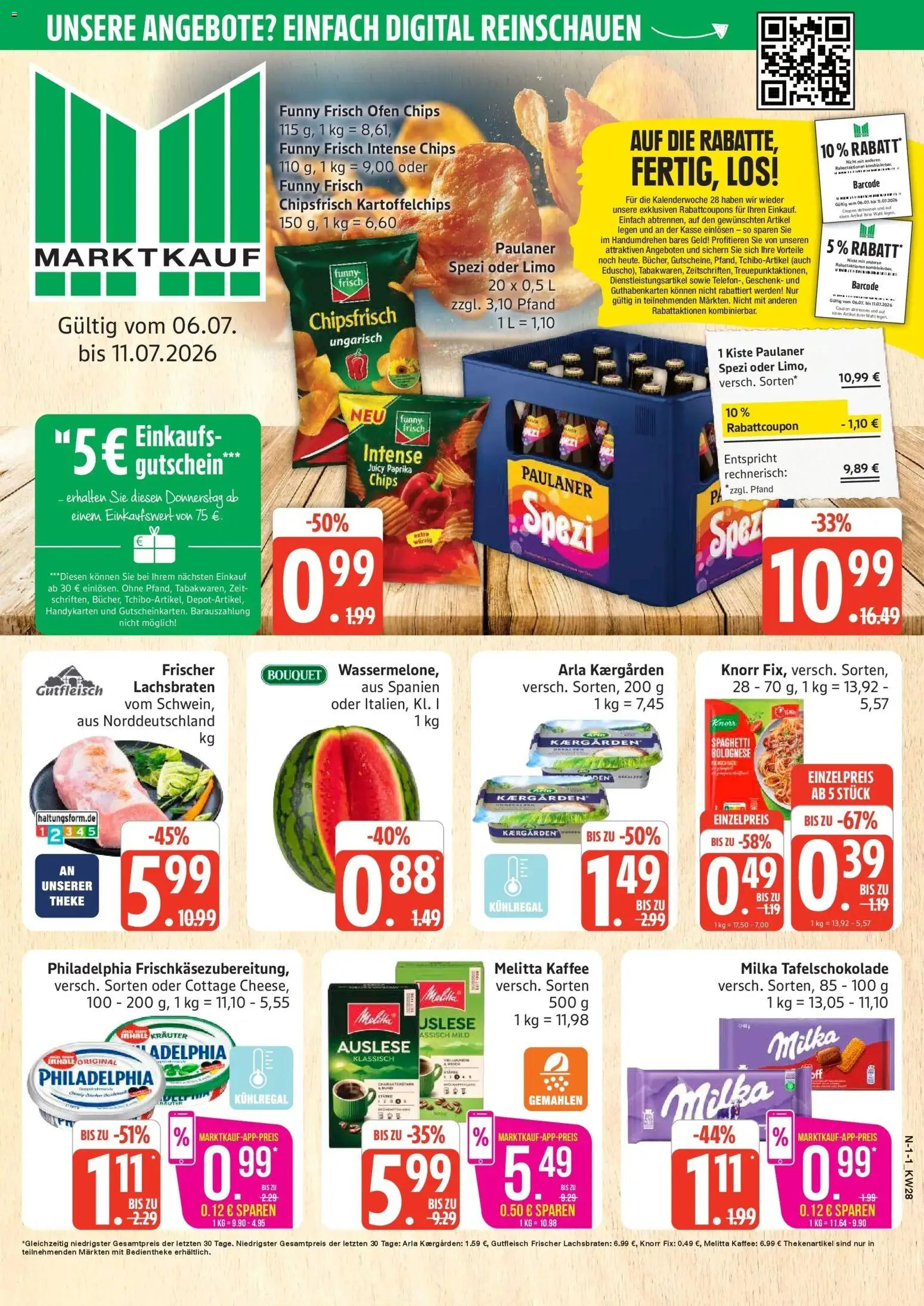 Vorschau von dem Prospekt des Geschäftes Marktkauf, gültig ab dem 06.07.2026 - Chips, Spaghetti, Paulaner spezi, Milka, Paulaner, Melitta, Knorr, Melitta kaffee