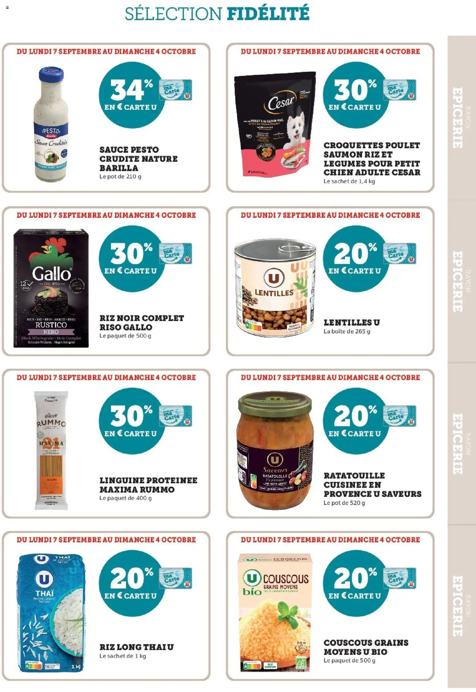 Prévisualisation de Super U - Ma sélection Carte U Septembre du magasin Super U formulaire valide 07/09/2026 - Couscous, Ratatouille, Poulet, Lentilles, Saumon, Pesto, Riz, Barilla