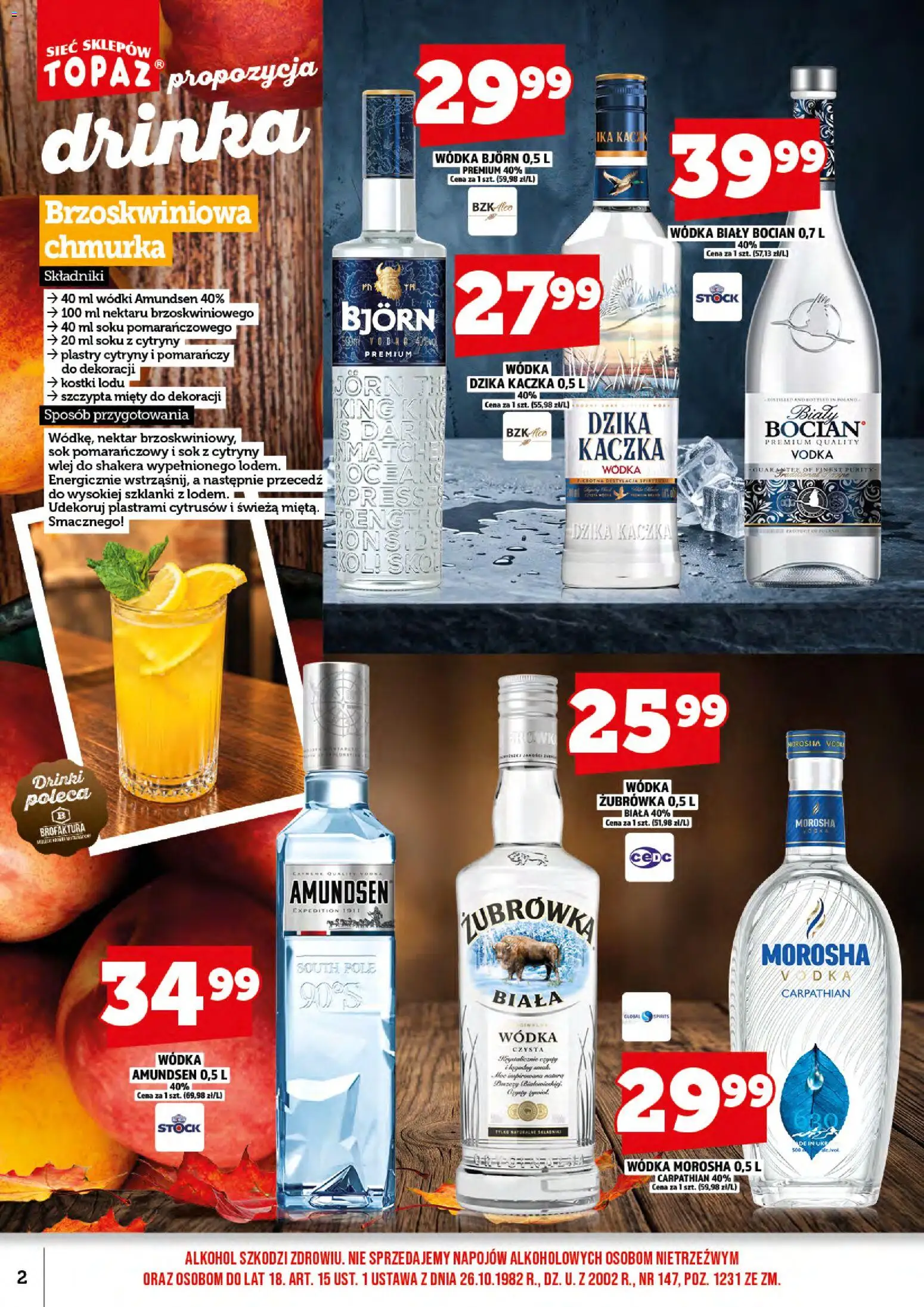 Pogląd gazetki "Topaz gazetka alkoholowa" ze sklepu Topaz ważnej od 01.11.2026 - Alkohol, Kaczka, Szklanki, Wódka, Cytryny, Sok pomarańczowy, Sok z cytryny, Kostki lodu