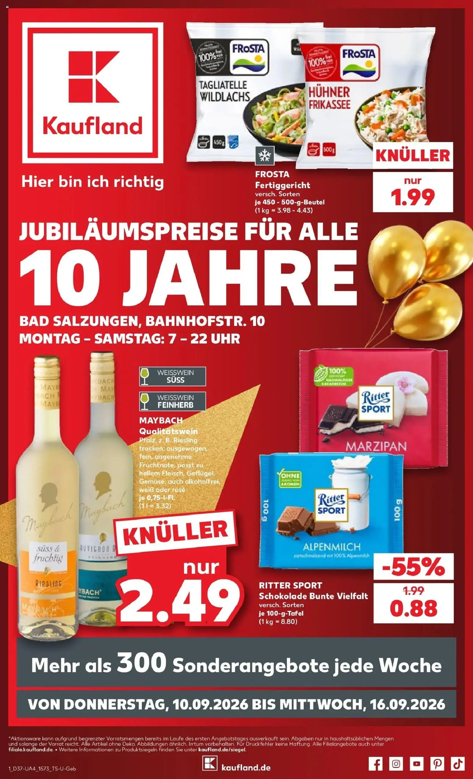 Vorschau von dem Prospekt des Geschäftes Kaufland, gültig ab dem 10.09.2026 - Uhr, Schokolade, Bad, Ritter sport, Frosta, Weißwein