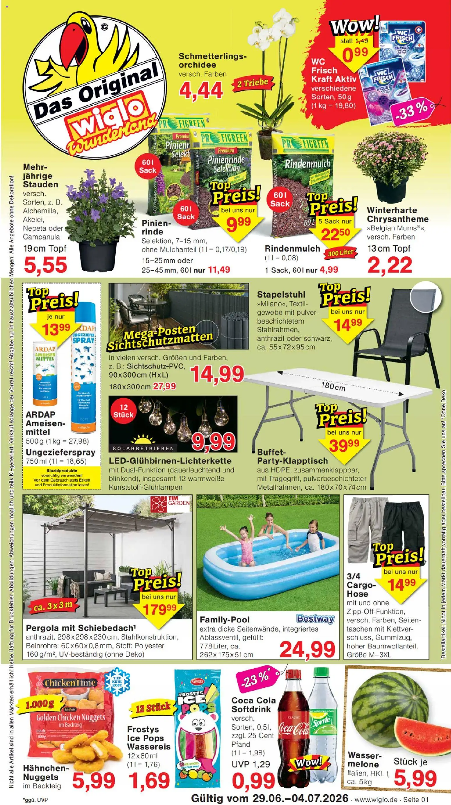 Vorschau von dem Prospekt des Geschäftes Wiglo Wunderland, gültig ab dem 29.06.2026 - Wasser, Coca cola, Cola, Taschen, Rindenmulch, Hose, Sprite, Hahnchen