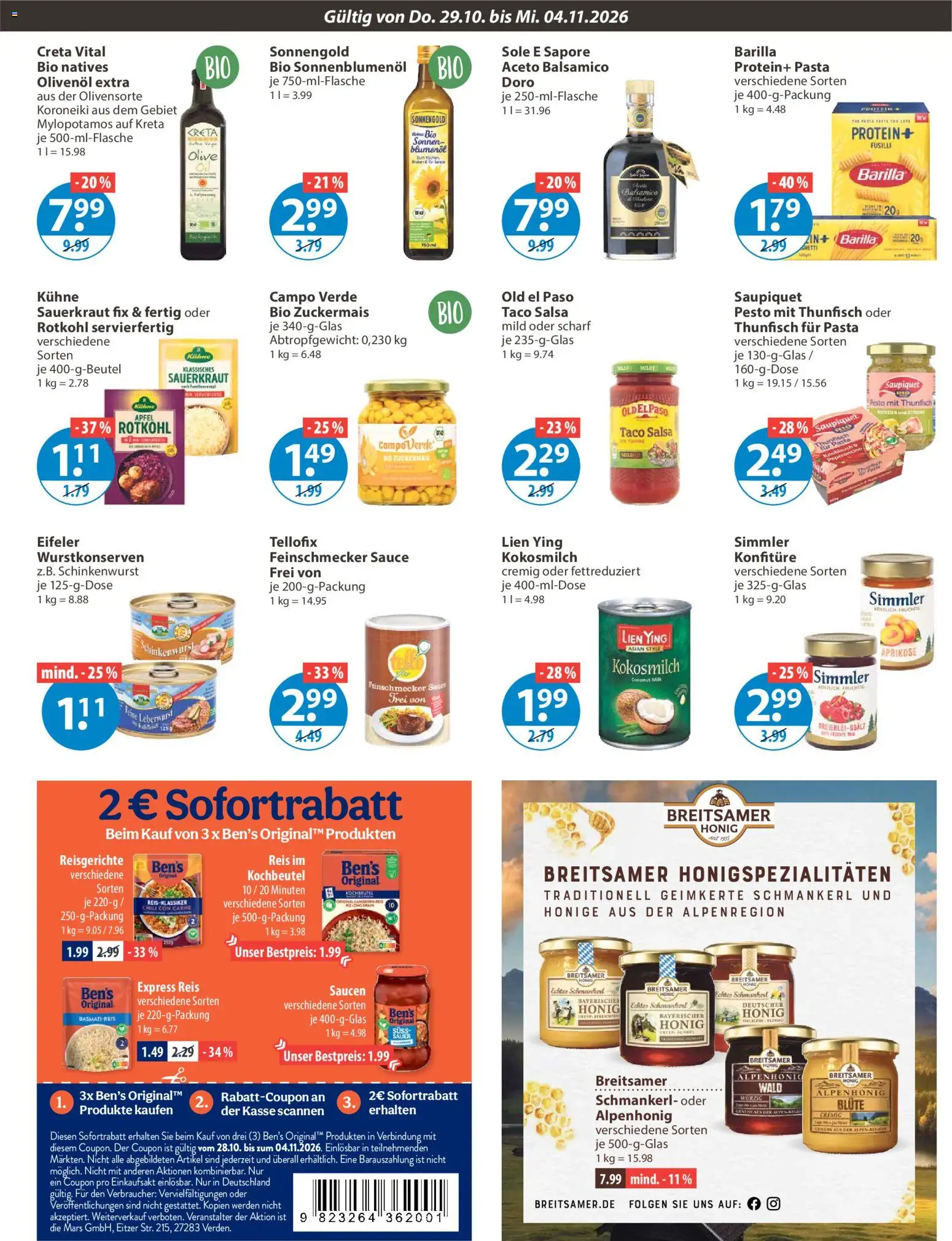Vorschau von dem Prospekt des Geschäftes V-Markt, gültig ab dem 29.10.2026 - Pasta, Chili, Basmatireis, Barilla, Balsamico, Kokosmilch, Olivenol, Sonnenblumenol