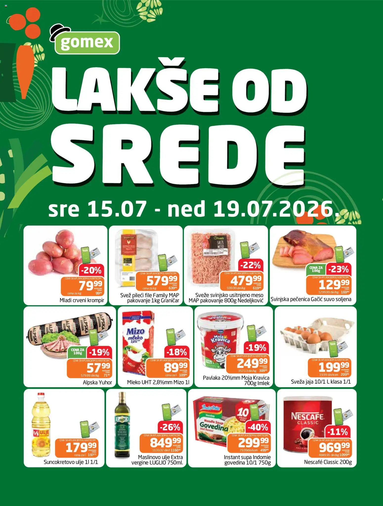 Pregled Gomex kataloga - važi od 15.07.2026 - Maslinovo ulje, Nescafé, Krompir, Pavlaka, Mleko, Govedina, Suncokretovo ulje, Crveni krompir