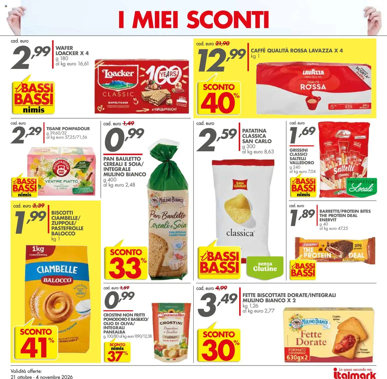 Anteprima dell'opuscolo Italmark volantino dal negozio Italmark valido da 21/10/2026 - Caffè, Senza glutine, Ciambelle, Basilico, Piatto, Lavazza, Olio, Grissini