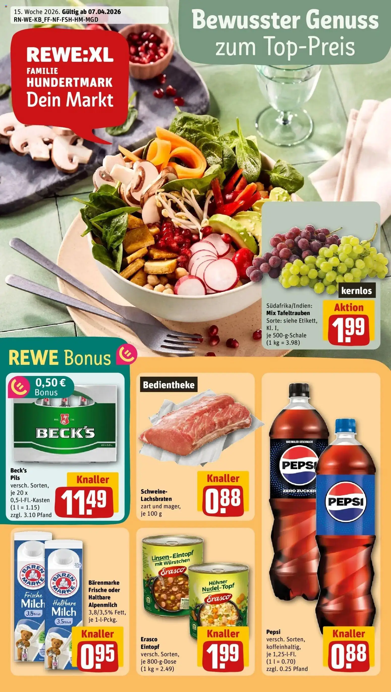 Vorschau von dem Prospekt des Geschäftes Rewe, gültig ab dem 05.04.2026 - Cola, Milch, Zucker, Pepsi, Haltbare milch, Pils, Erasco