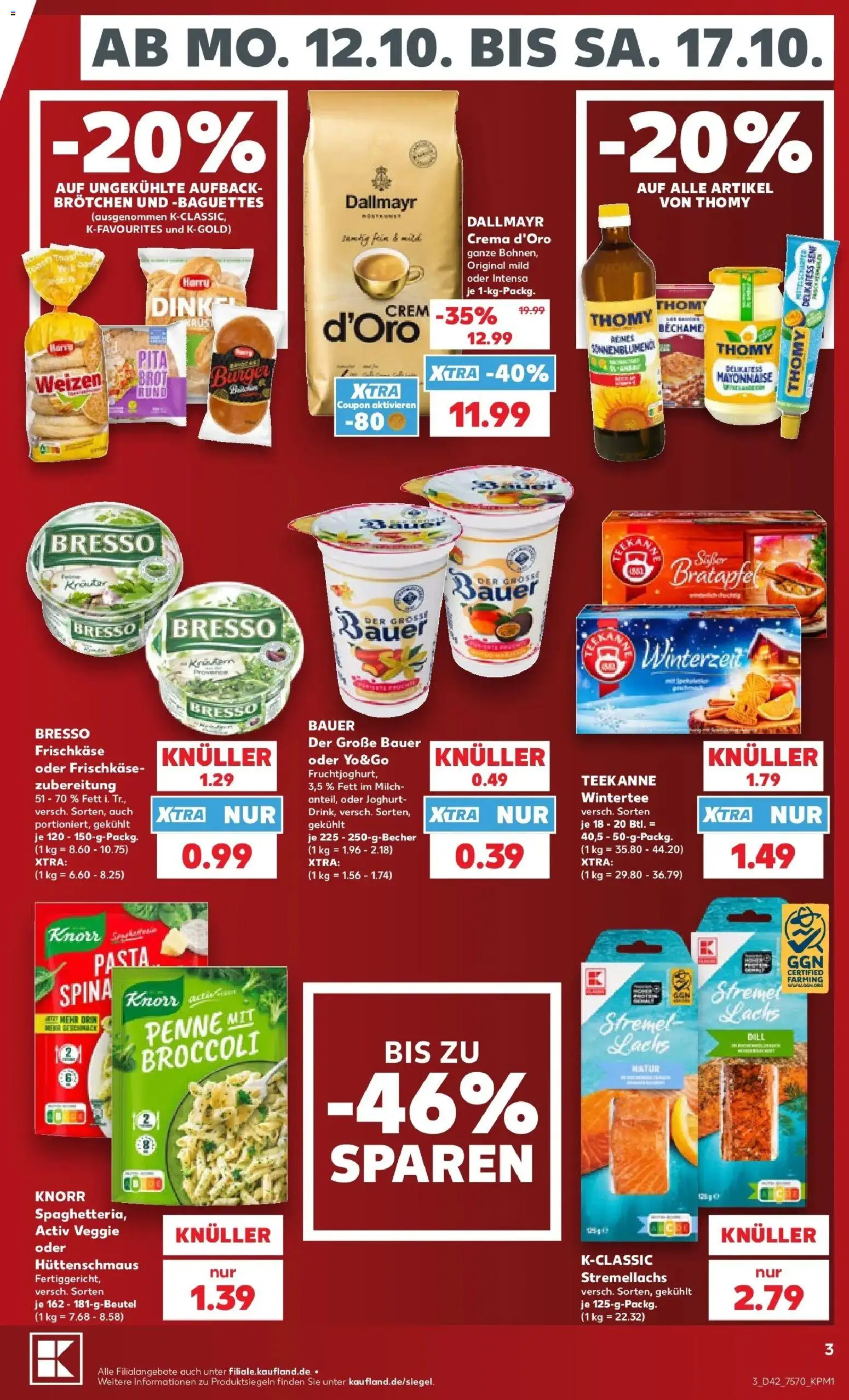 Vorschau von dem Prospekt des Geschäftes Kaufland, gültig ab dem 12.10.2026 - Pasta, Joghurt, Lachs, Teekanne, Milch, Dallmayr, Mayonnaise, Dill