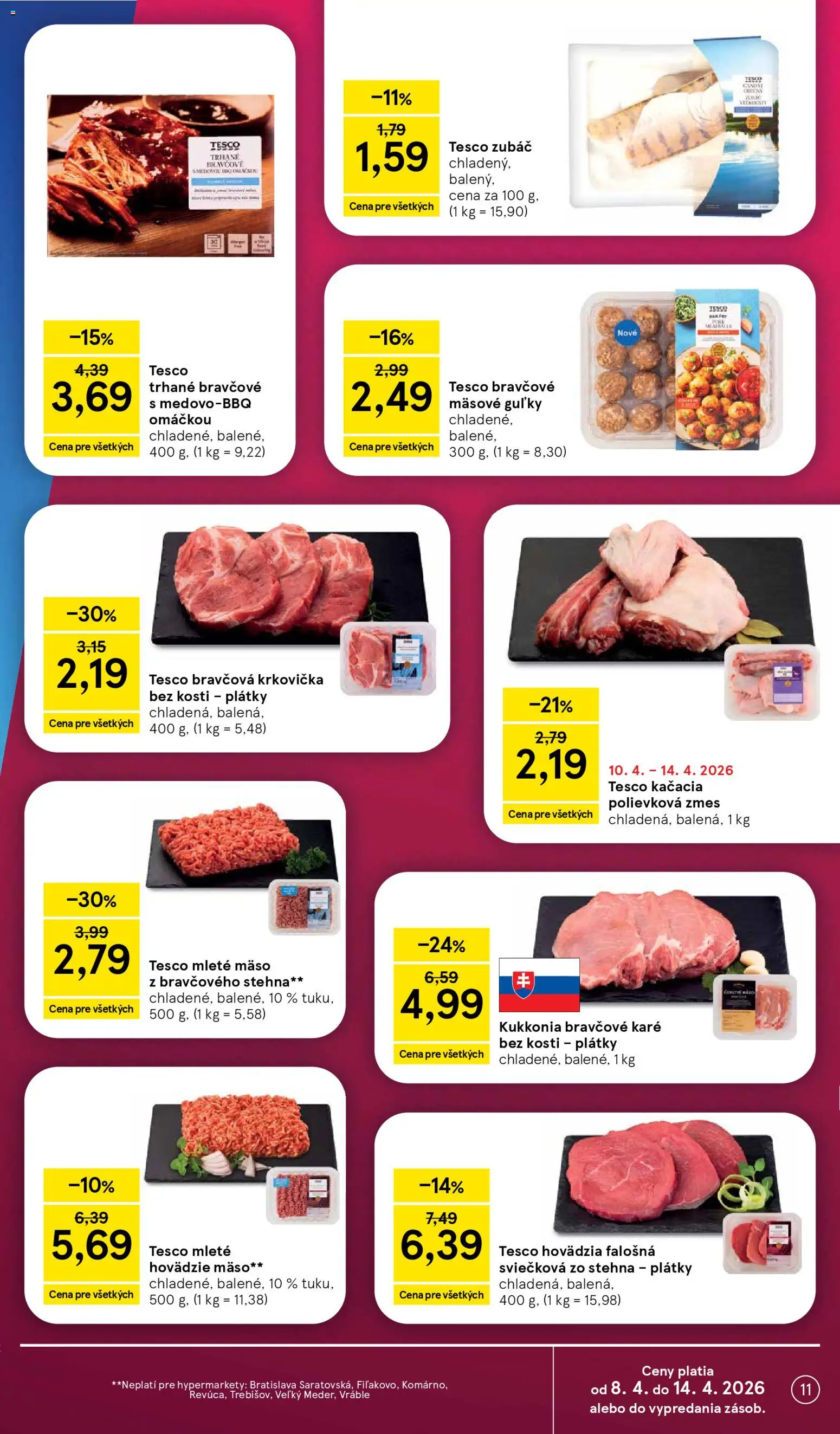 Náhľad Tesco letáku platného od 08.04.2026 - Mäso, Bravčové karé, Hovädzie mäso, Falošná sviečková, Bravčová krkovička, Mleté mäso, Stehná, Trhané bravčové