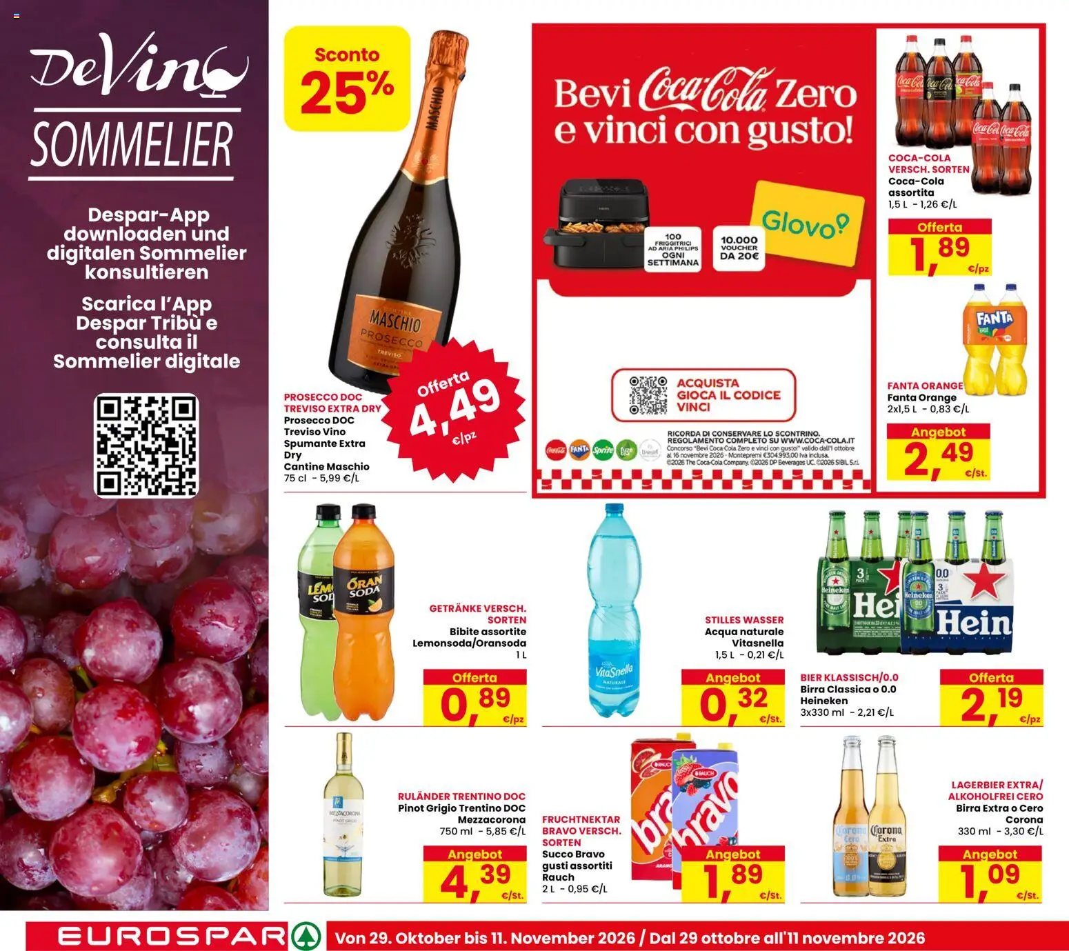 Anteprima dell'opuscolo Eurospar volantino Ora dal negozio Eurospar valido da 29/10/2026 - Acqua, The, Vino, Birra, Fanta, Coca Cola Zero, Succo, Bibite