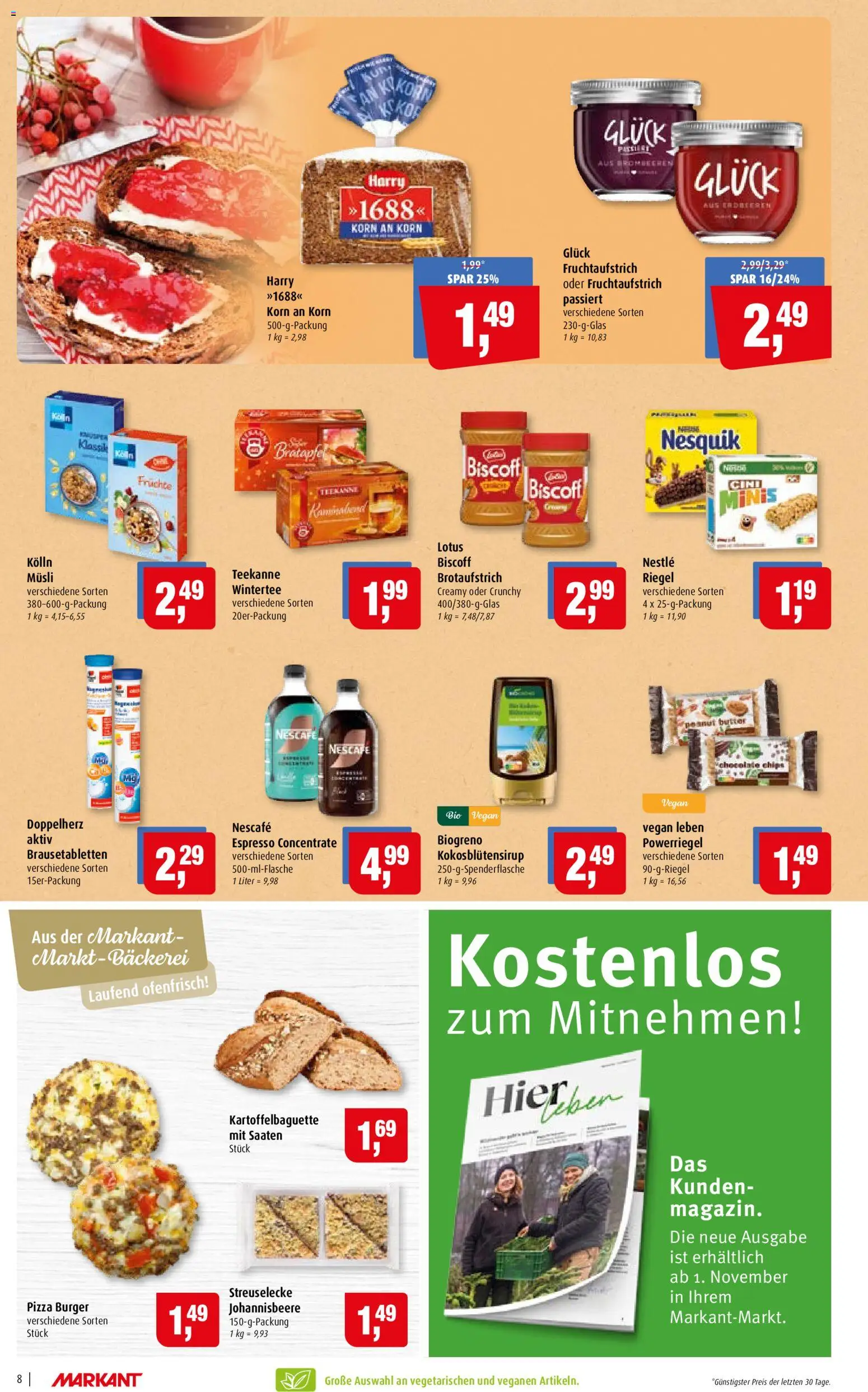 Vorschau von dem Prospekt des Geschäftes Markant, gültig ab dem 02.11.2026 - Bäckerei, Pizza, Burger, Chips, Teekanne, Nescafe, Nesquik, Cini Minis