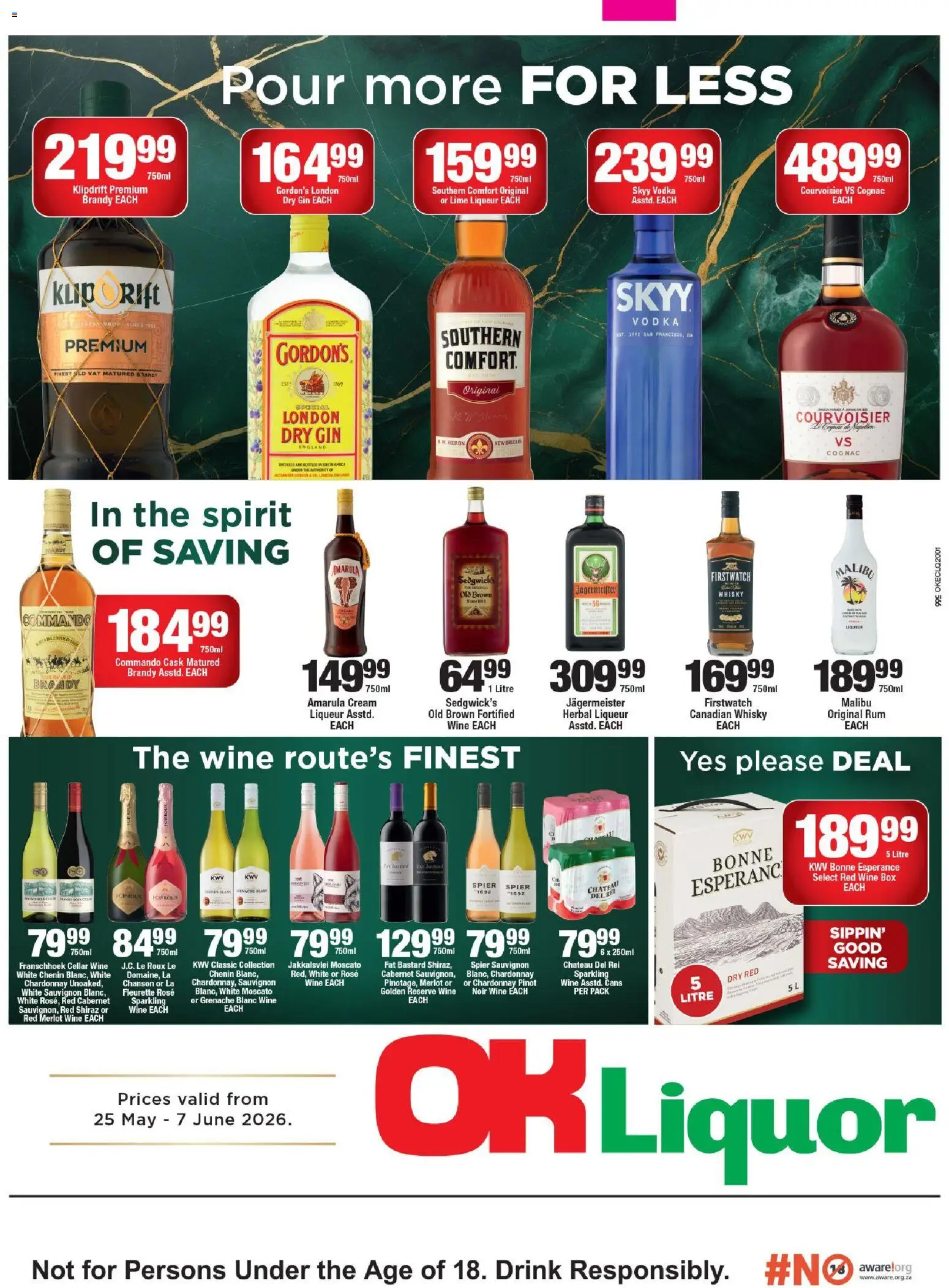 Preview of OK Foods flyer valid from 25/05/2026 - Gin, Box, Cream, Lime, Red Wine, Malibu, Rum, Jägermeister
