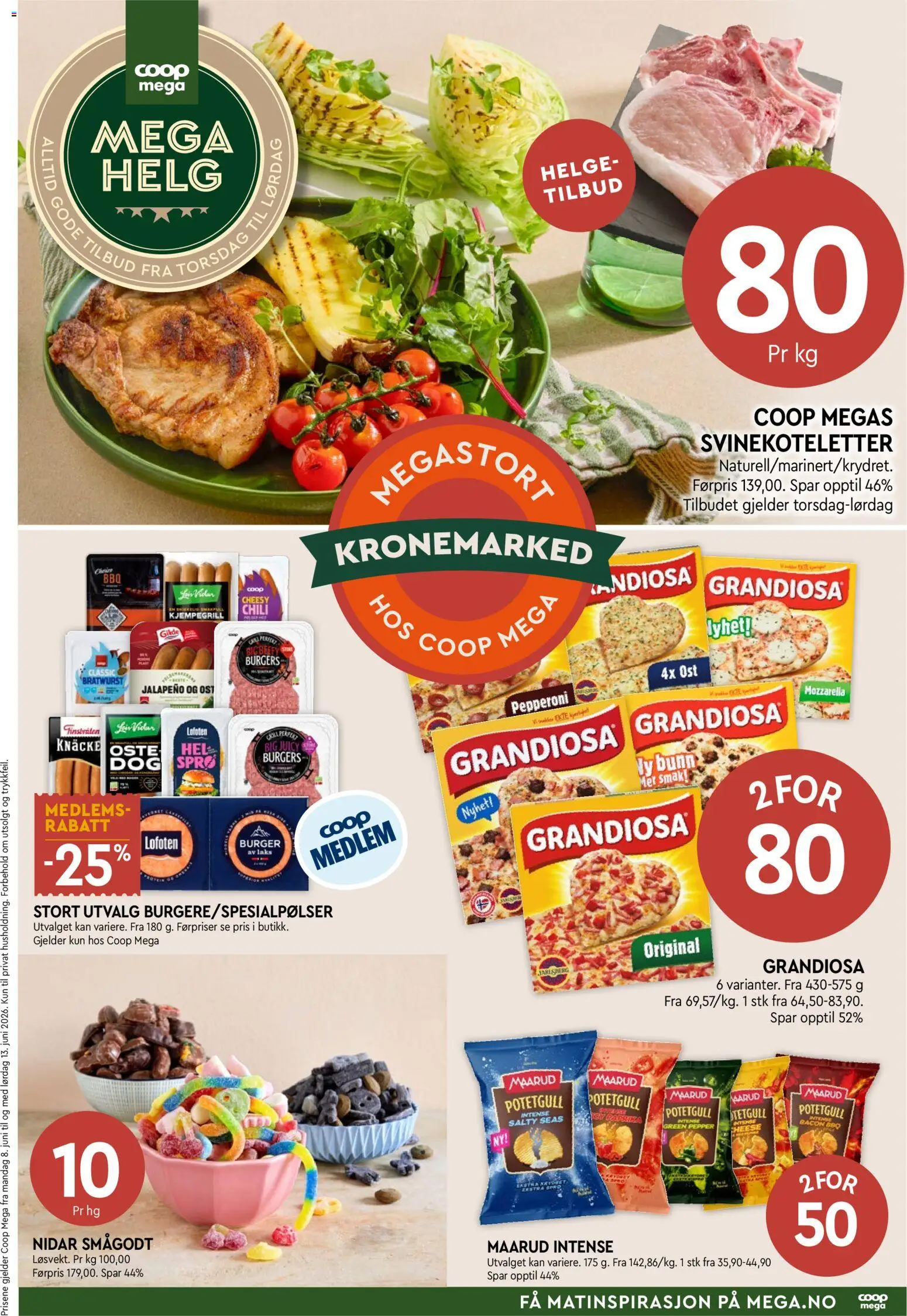 Forhåndsvis Coop Mega Mega Helg fra butikk Coop Mega gyldig fra 11/06/2026 - Bacon, Ost, Potetgull, 1, Mozzarella, Svinekoteletter, Laks, Grandiosa