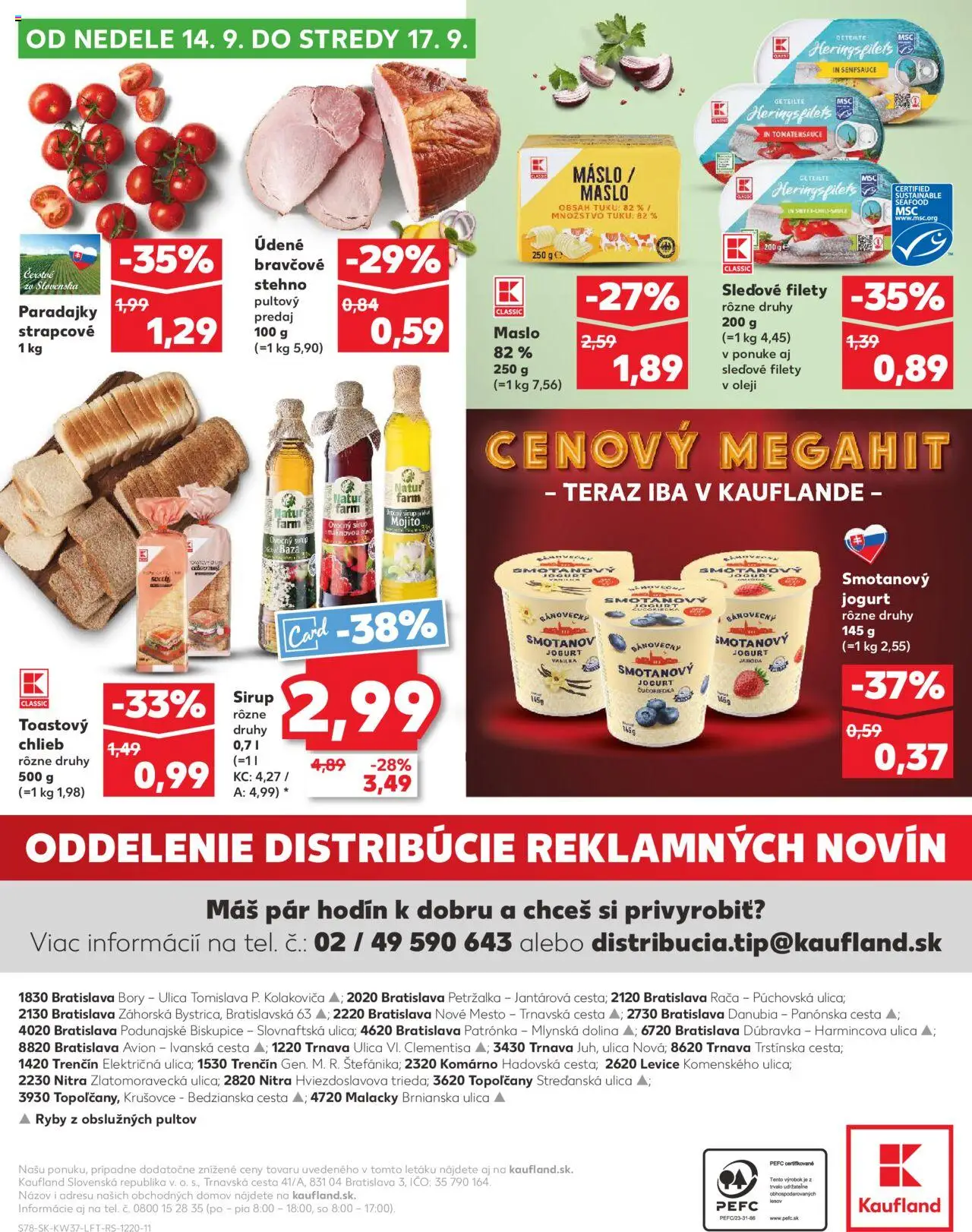 Náhľad Kaufland letáku platného od 11.09.2025 - Maslo, Ryby, Chlieb, Paradajky, Sirup, Jogurt, Vanilka, Bravčové stehno