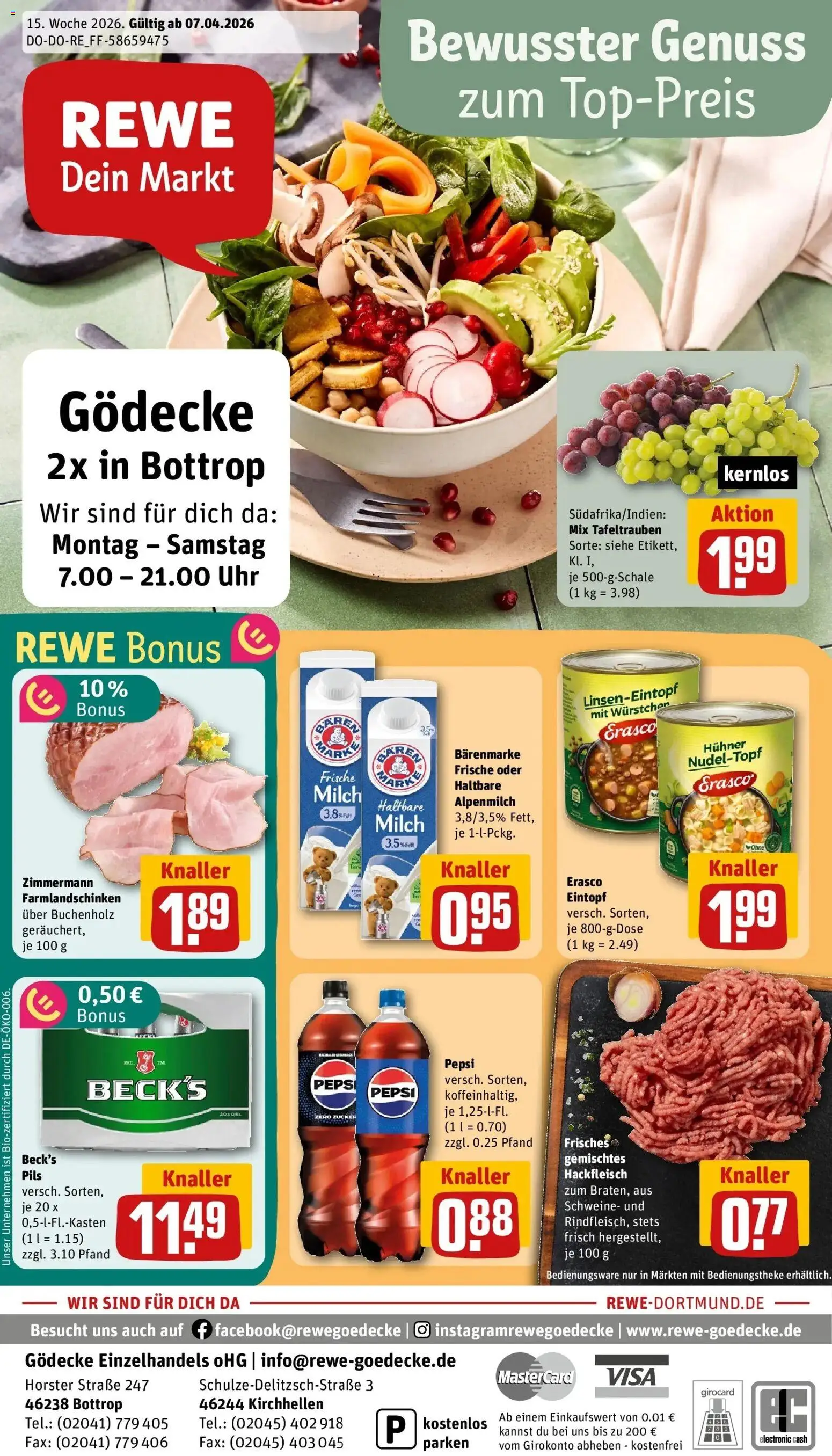 Vorschau von dem Prospekt des Geschäftes Rewe, gültig ab dem 05.04.2026 - Uhr, Milch, Hackfleisch, Zucker, Pepsi, Haltbare milch, Pils, Erasco