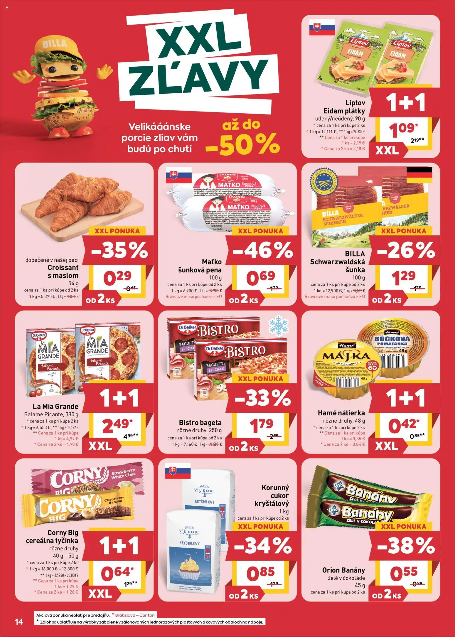 Náhľad Billa letáku platného od 28.10.2026 - Pizza, Mäso, Cukor, Šunka, Bravčové mäso, Nátierka, Pena, Banány