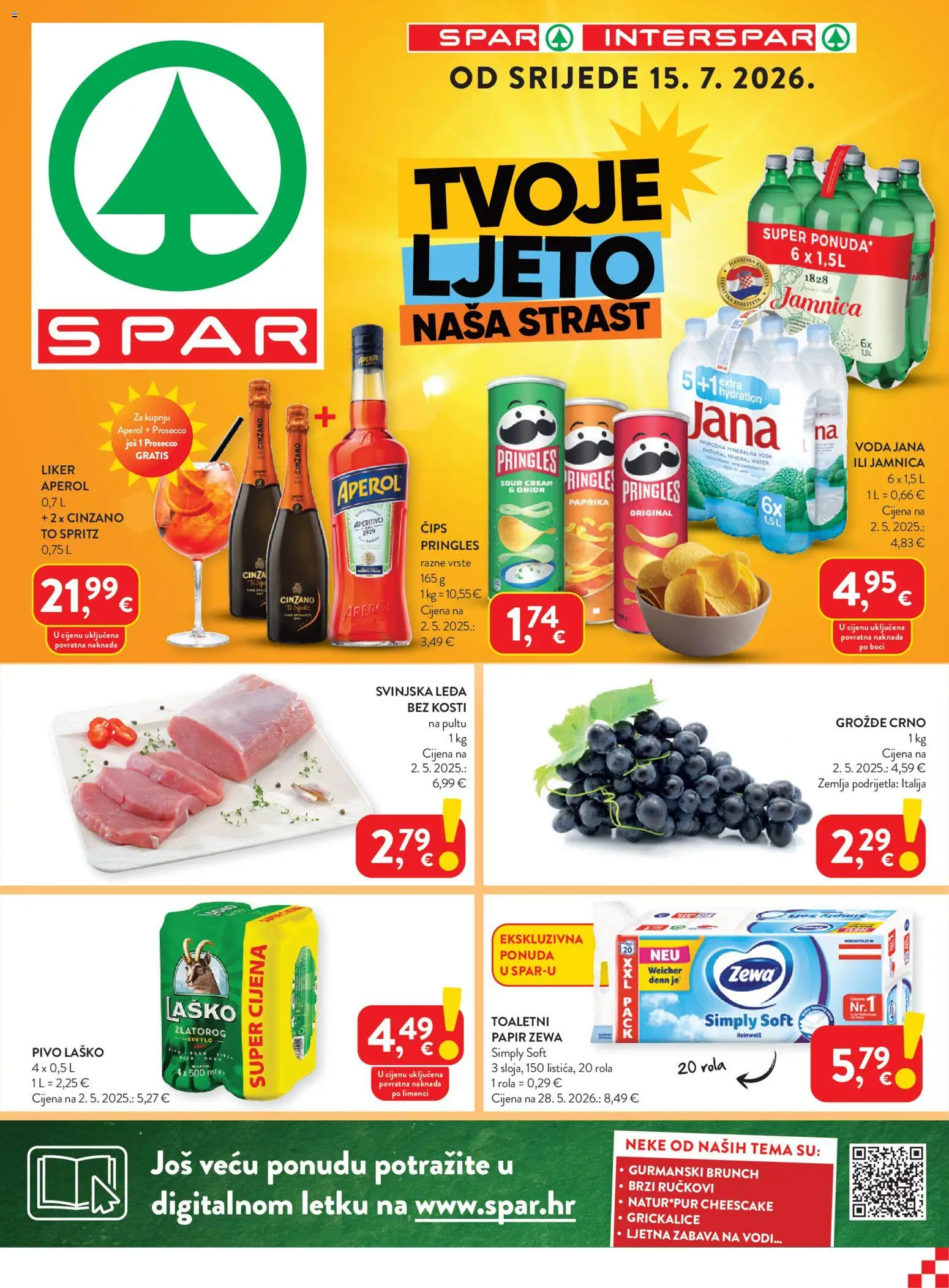 Pregled letka Spar Katalog trgovine Spar vrijedi od 15.07.2026 - Aperol, Prosecco, Pivo, Grožđe, Laško, Mineralna voda, Grickalice, Zewa