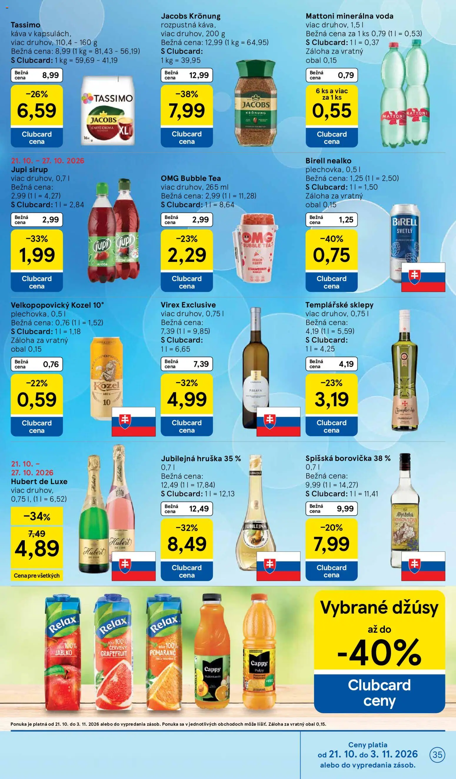 Náhľad Tesco letáku platného od 21.10.2026 - Káva, Borovička, Hubert de Luxe, Sirup, Multivitamín, Mattoni, Grapefruit, Minerálna voda