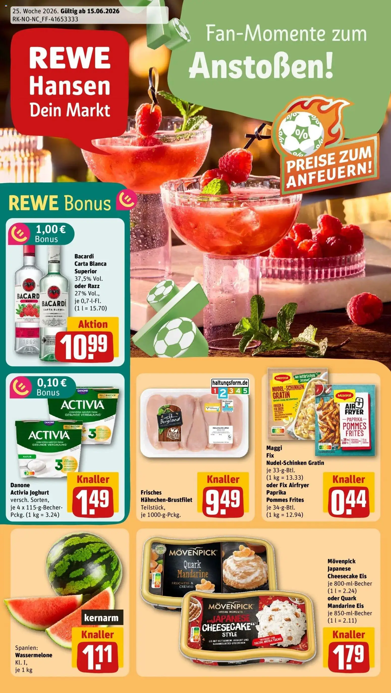 Vorschau von dem Prospekt des Geschäftes Rewe, gültig ab dem 14.06.2026 - Eis, Maggi, Quark, Paprika, Rum, Pommes frites, Activia, Danone activia
