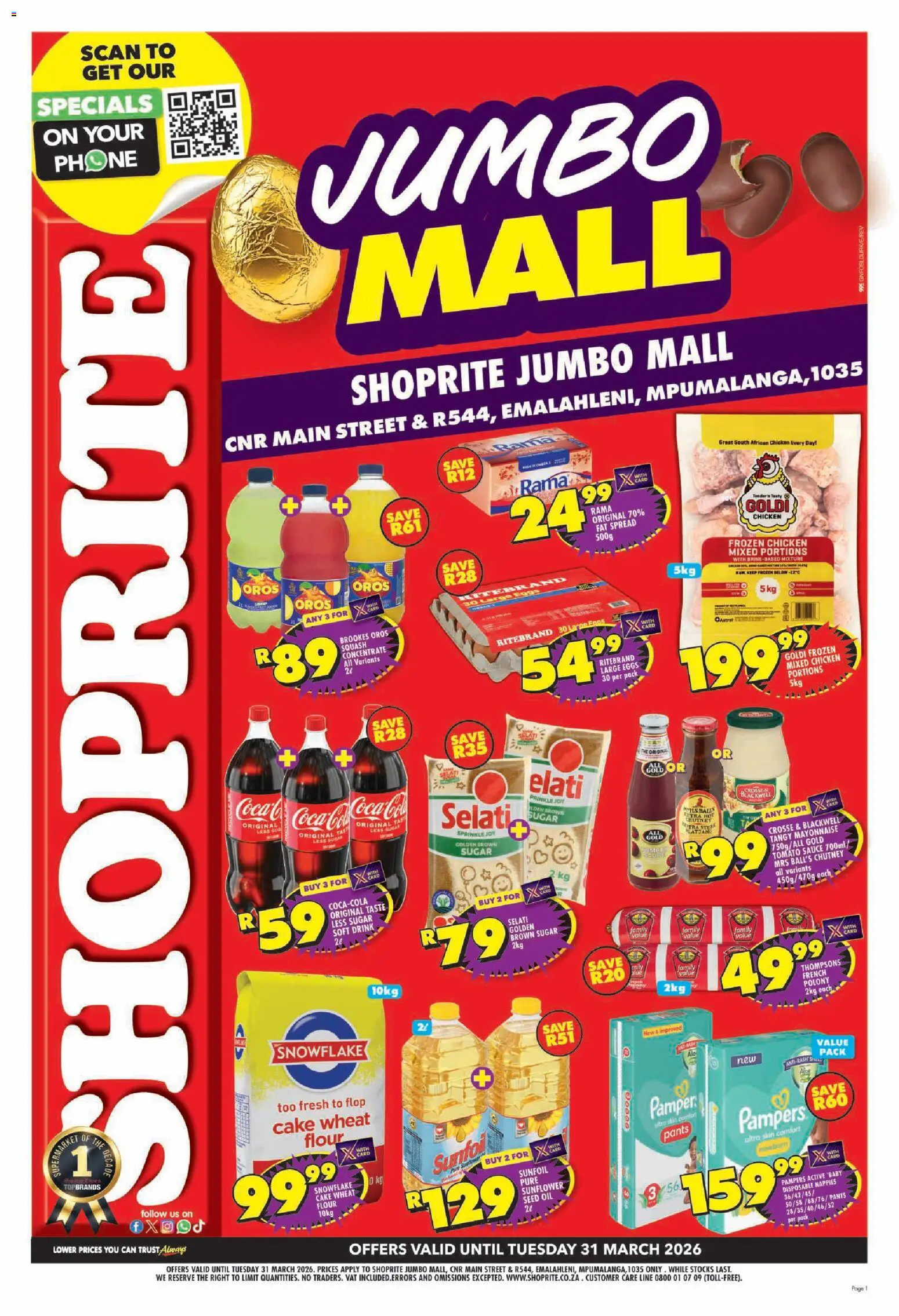 Preview of Shoprite flyer valid from 19/03/2026 - Phone, Sugar, Mayonnaise, Flour, Squash, Chutney, Frozen chicken, Coca-Cola