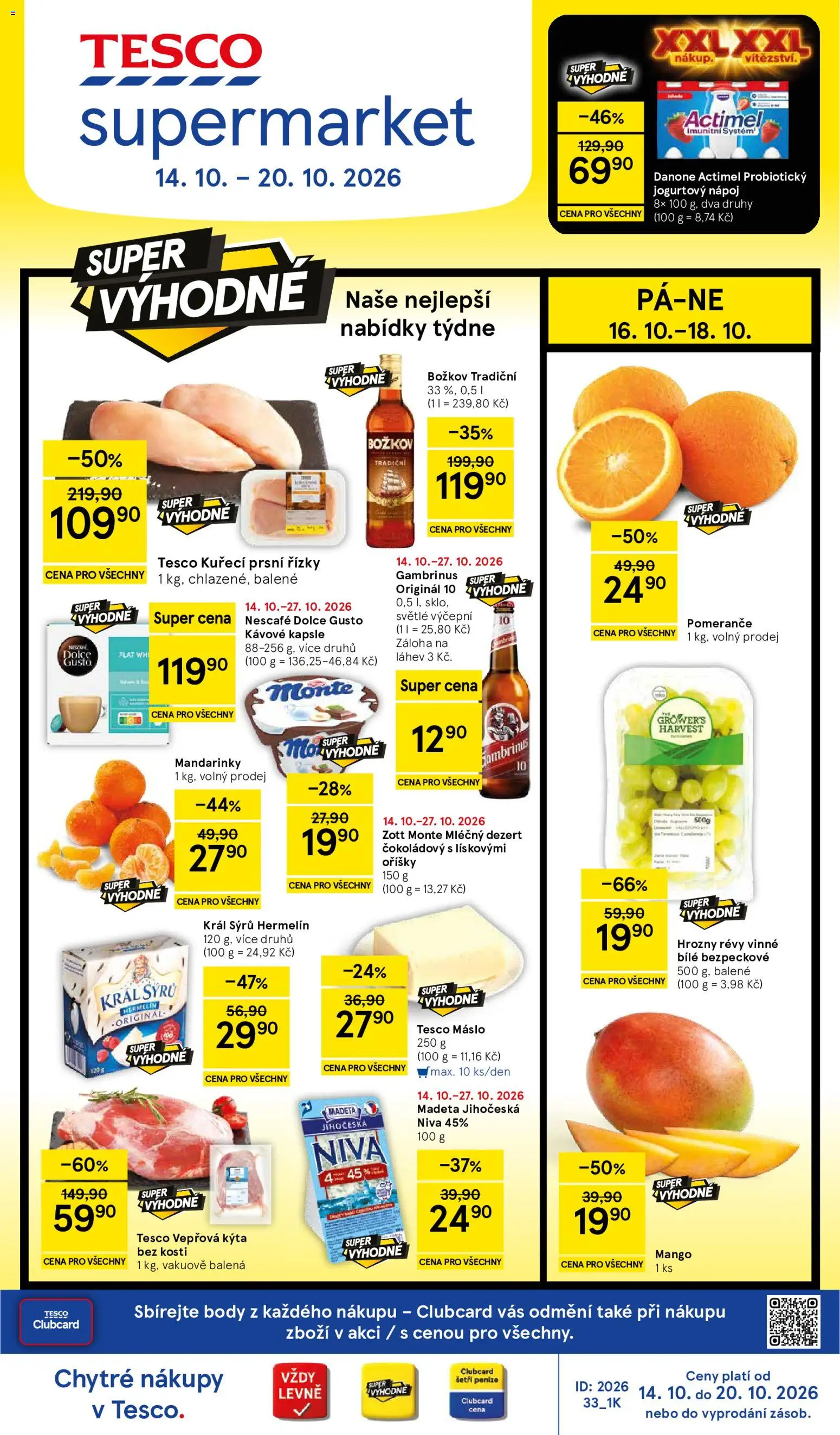 Náhled nabídky: Tesco Tesco leták - Supermarket platný od 14.10.2026 - Mango, Dolce Gusto, Hermelín, Body, Kapsle, Hrozny, Pomeranče, Prsní řízky