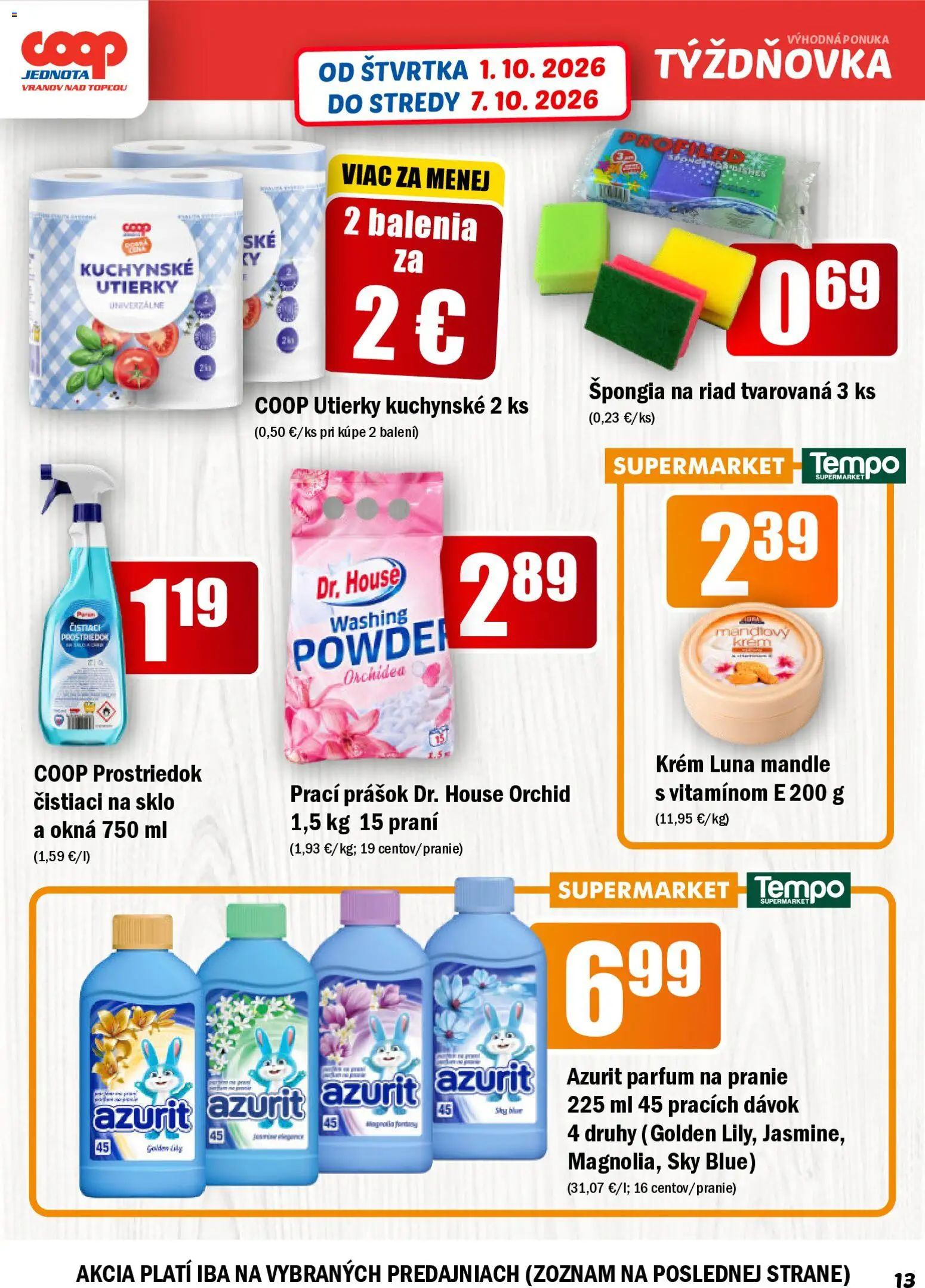 Náhľad COOP Jednota letáku platného od 01.10.2026 - Orchidea, Mandle, Kuchynské utierky, Riad, Prací prášok, Krém, Utierky