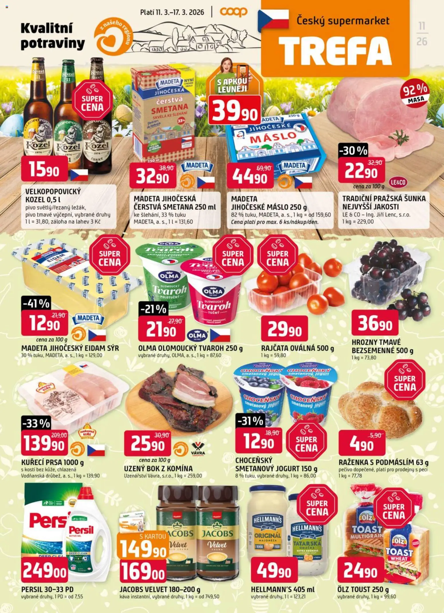 Náhled nabídky: Trefa Trefa leták platný od 11.03.2026 - Potraviny, Pivo, Eidam, Jacobs, Majonéza, Pražská šunka, Hellmann's, Jihočeské máslo