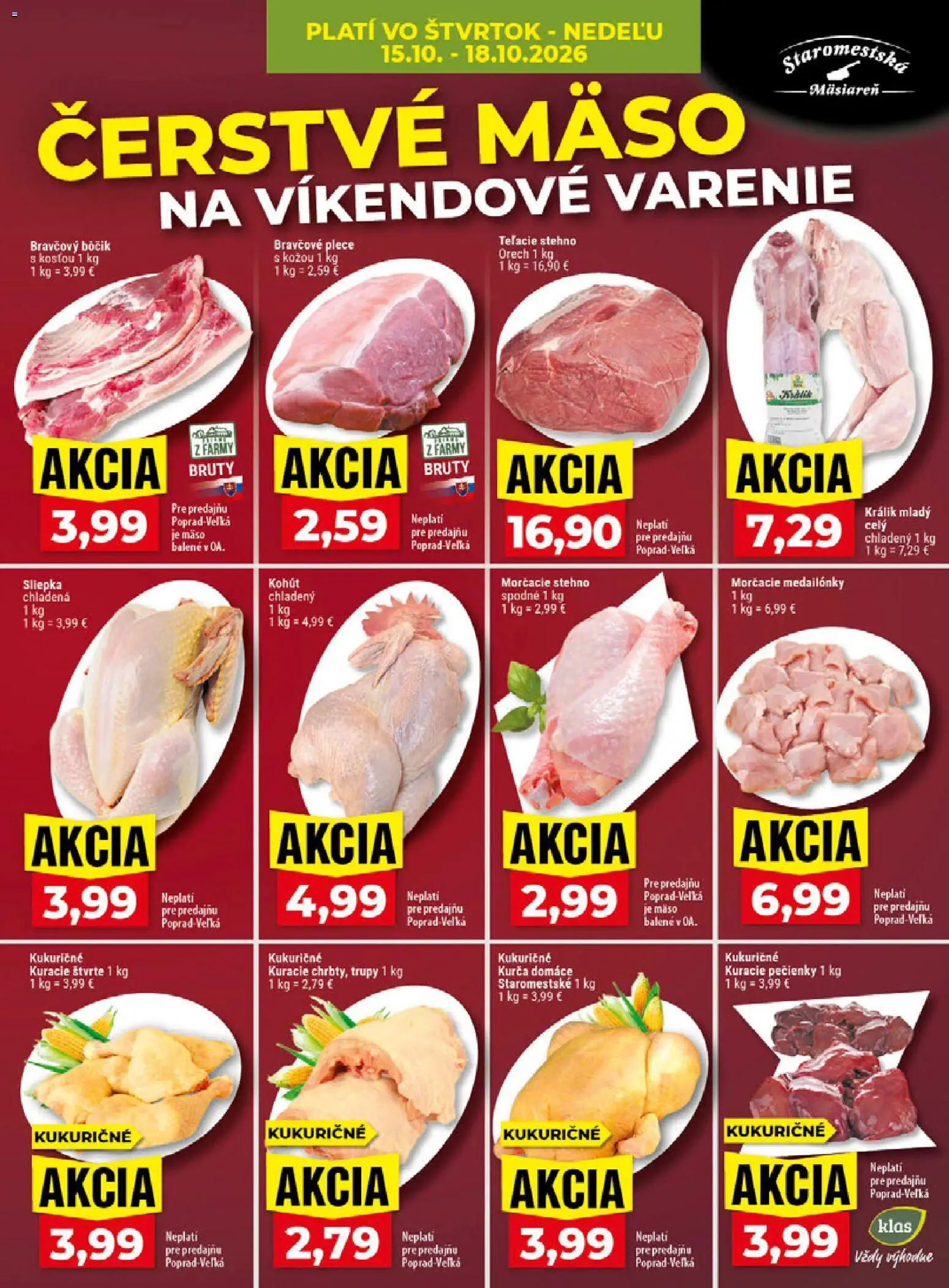 Náhľad Klas letáku platného od 12.10.2026 - Mäso, Králik, Bôčik, Bravčový bôčik, Kurča, Kuracie štvrte, Bravčové plece, Teľacie stehno