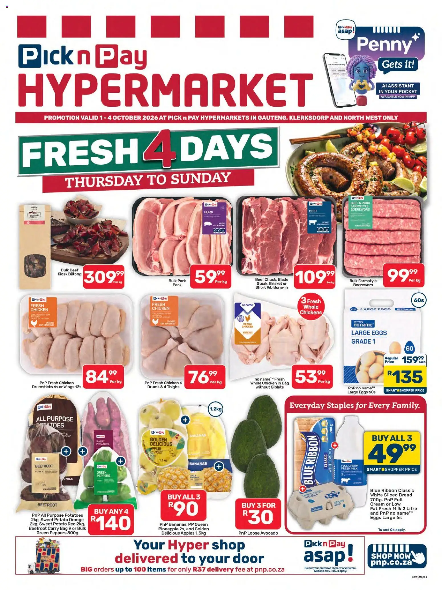 Preview of Pick n Pay flyer valid from 01/10/2026 - Chicken, Milk, Potatoes, Sweet potatoes, Cream, Thighs, Pork, Beef