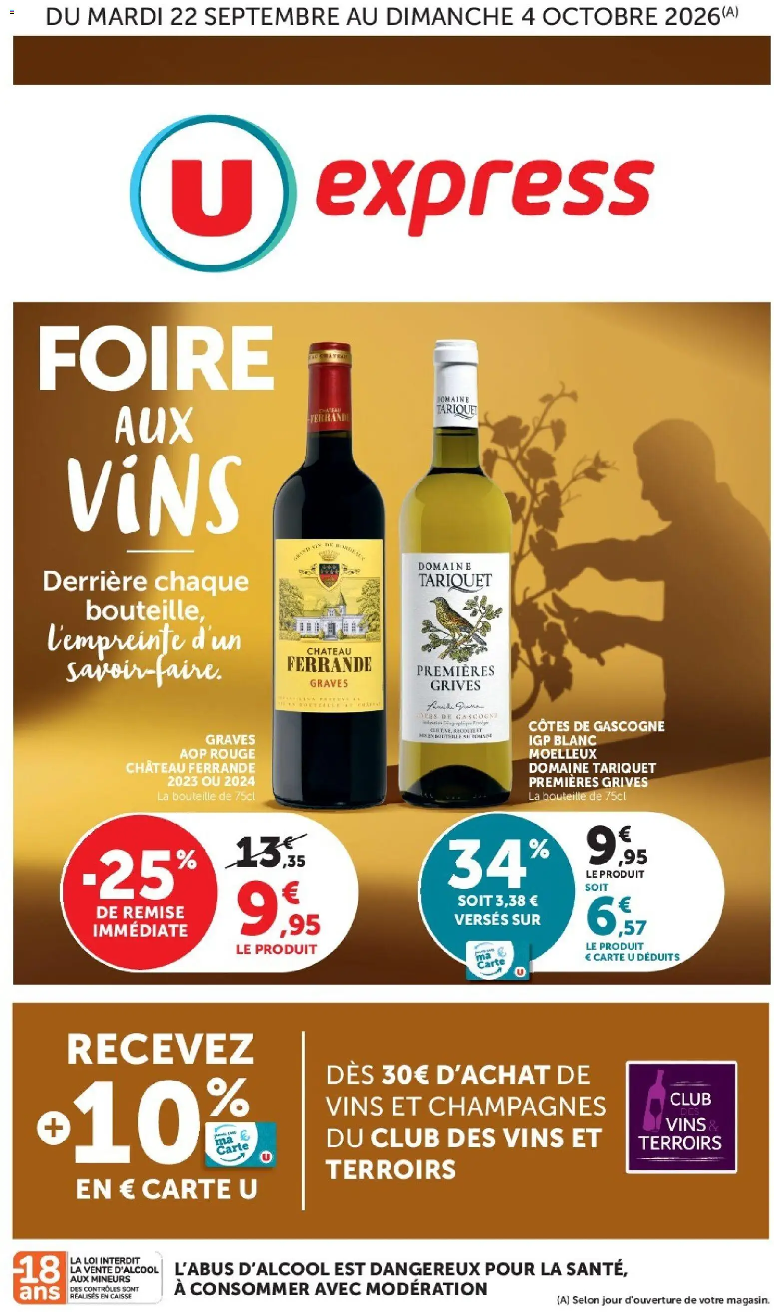 Prévisualisation de U Express Super U Hyper U Foire aux vins du magasin U Express formulaire valide 22/09/2026 - Bouteille, Tariquet Premières Grives