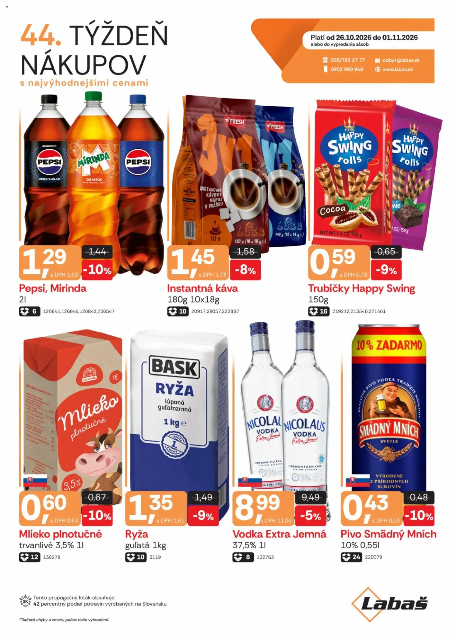 Náhľad Labaš letáku platného od 26.10.2026 - Káva, Pivo, Vodka, Mlieko, Ryža, Instantná káva, Smädný Mních, Mlieko plnotučné