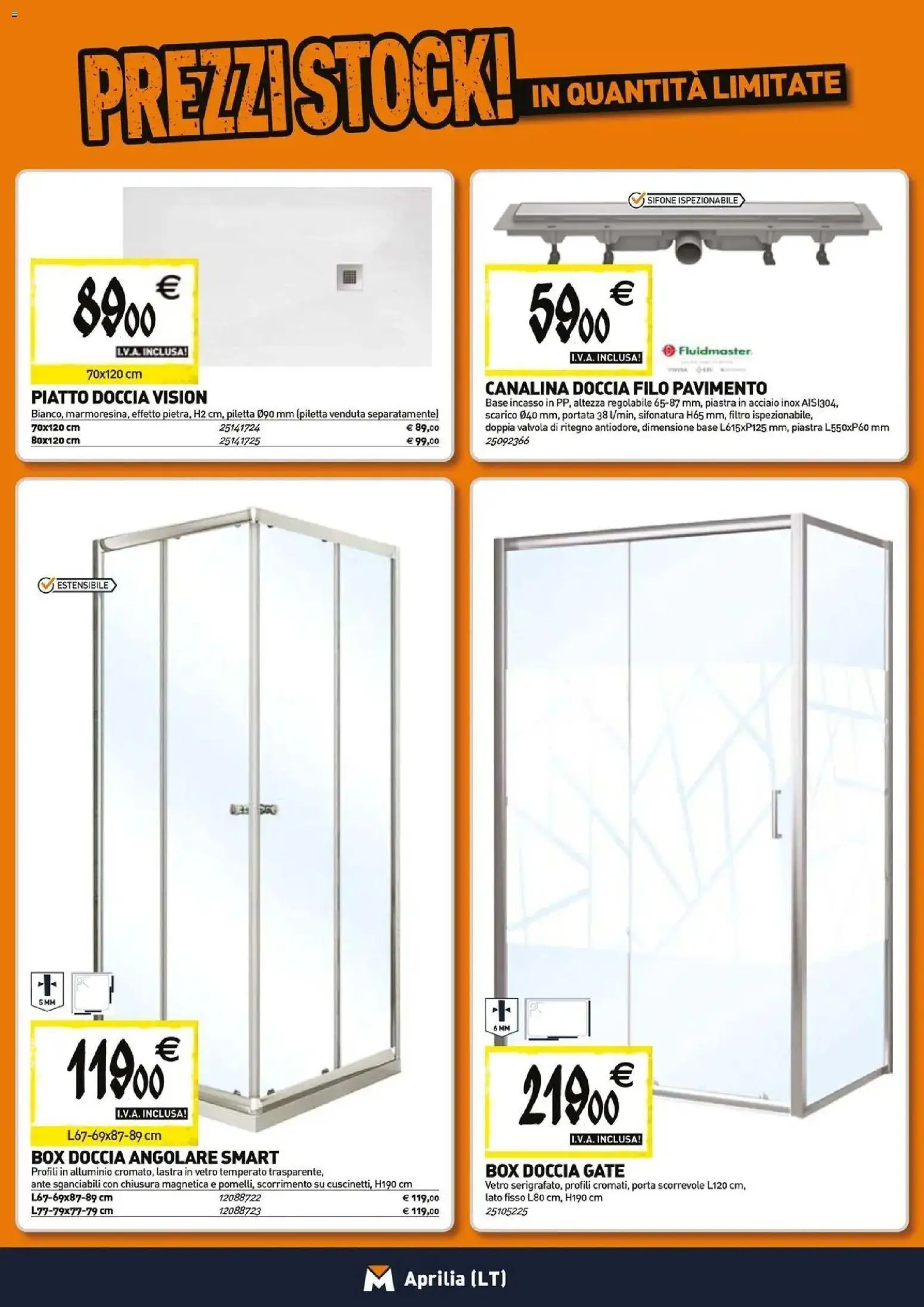 Anteprima dell'opuscolo TECNOMAT catalogo Aprilia dal negozio TECNOMAT valido da 27/08/2026 - Box doccia, Piatto, Doccia, Porta, Porta scorrevole, Alluminio, Pavimento