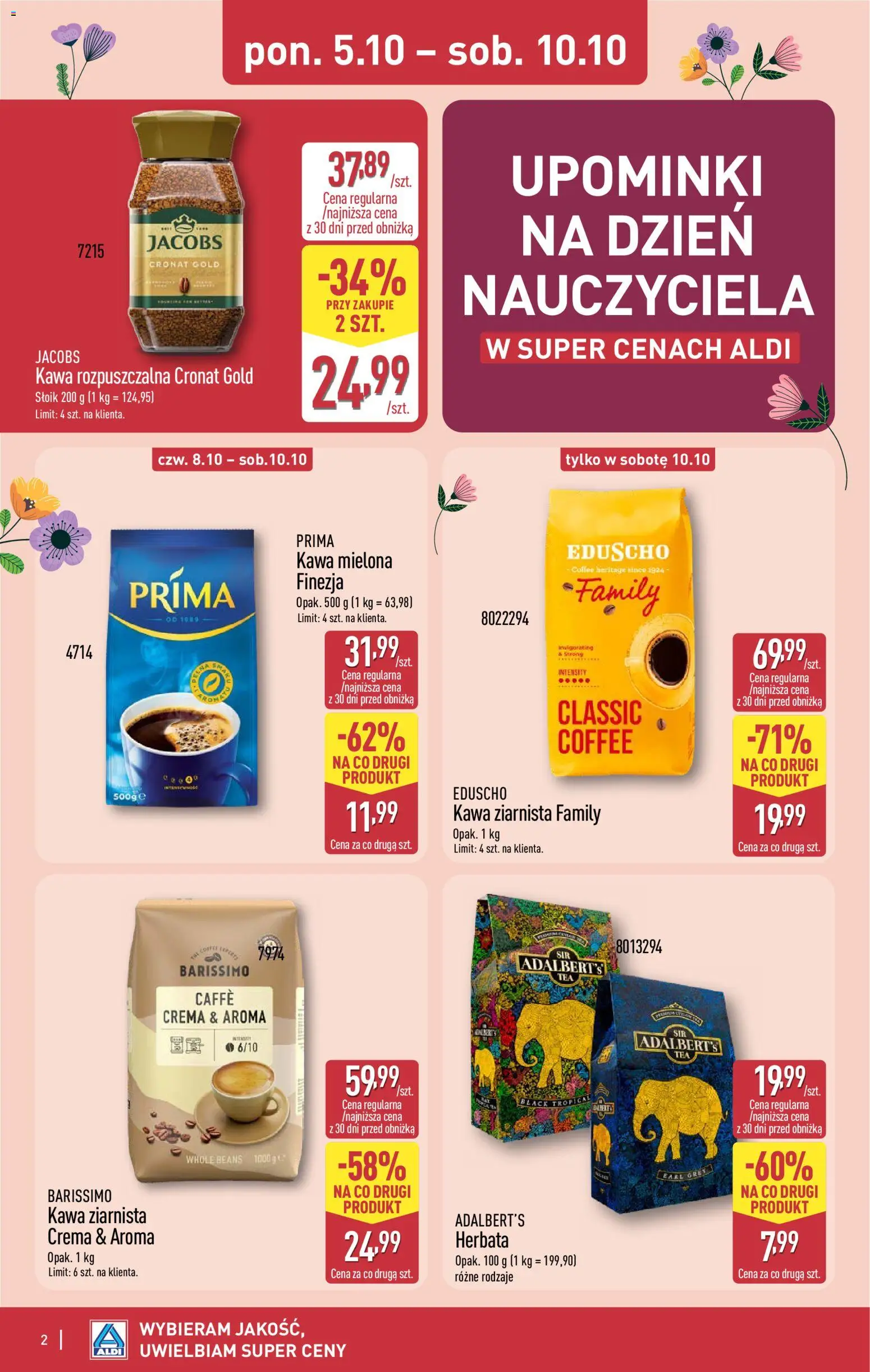 Pogląd gazetki "Aldi gazetka - Dzień nauczyciela" ze sklepu Aldi ważnej od 05.10.2026 - Kawa, Herbata, Jacobs, Kawa ziarnista, Kawa rozpuszczalna, Earl Grey, Kawa mielona
