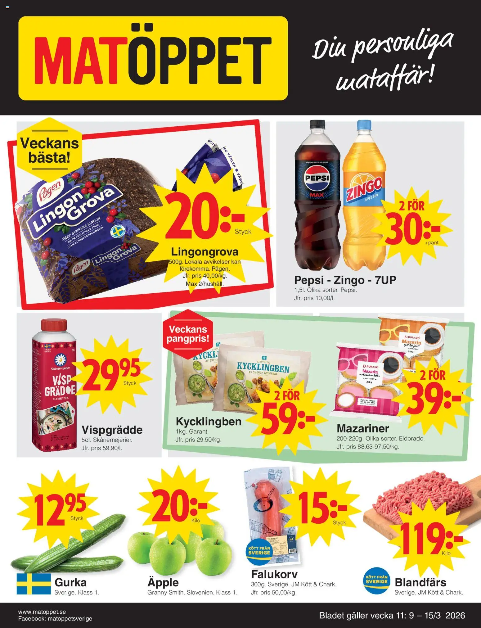 Förhandsgranska reklamblad Matöppet erbjudanden från butik Matöppet gäller från 09/03/2026 - Kött, Gurka, Apelsin, Lingongrova, Visp, Blandfärs, 7up, Kyckling