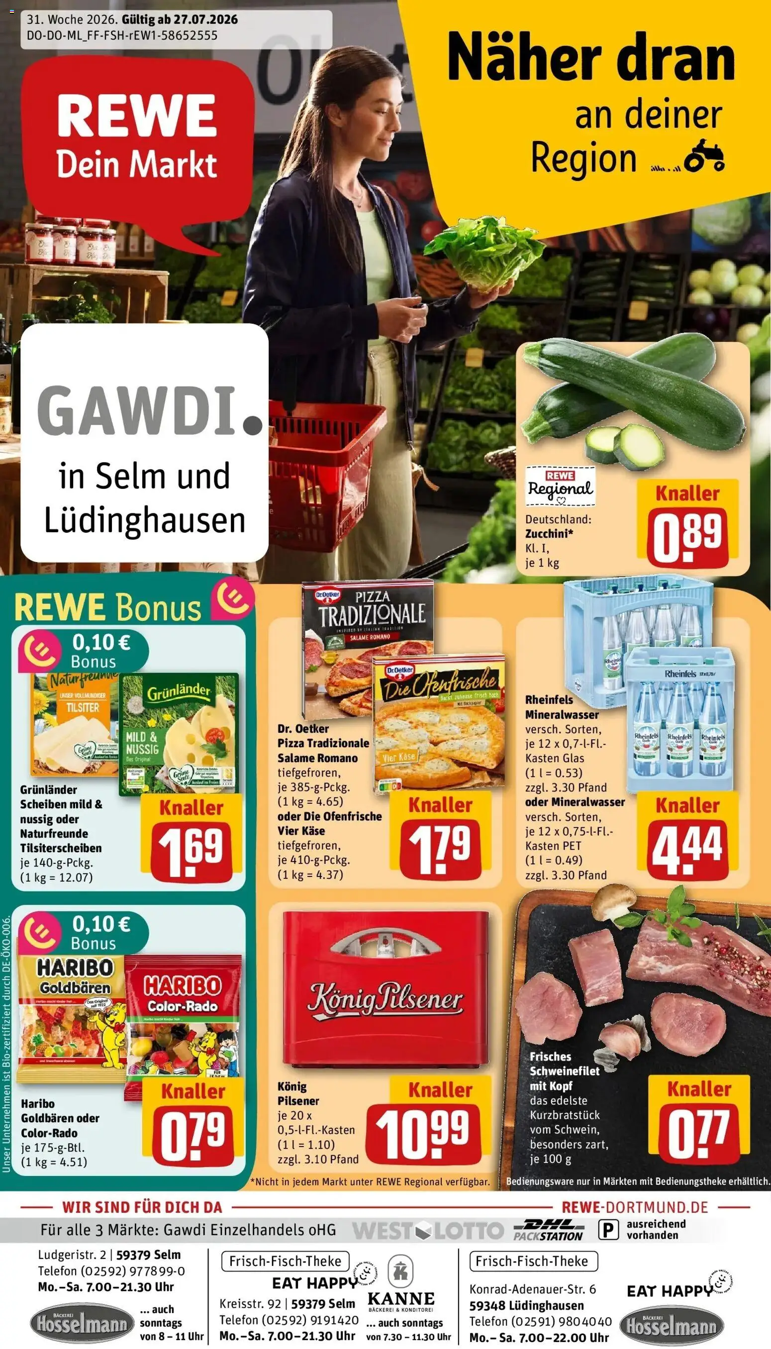 Vorschau von dem Prospekt des Geschäftes Rewe, gültig ab dem 27.07.2026 - Bäckerei, Pizza, Uhr, Haribo, Mineralwasser, Schweinefilet, Ofenfrische, Grunlander