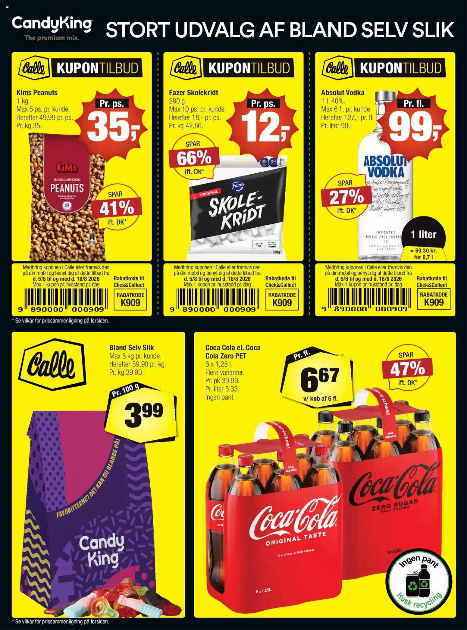 Eksempel på tilbudsavis Calle - Danske kupontilbud fra butik Calle gyldig fra 05/08/2026 - Slik, Coca Cola, Cola, Vodka, Peanuts
