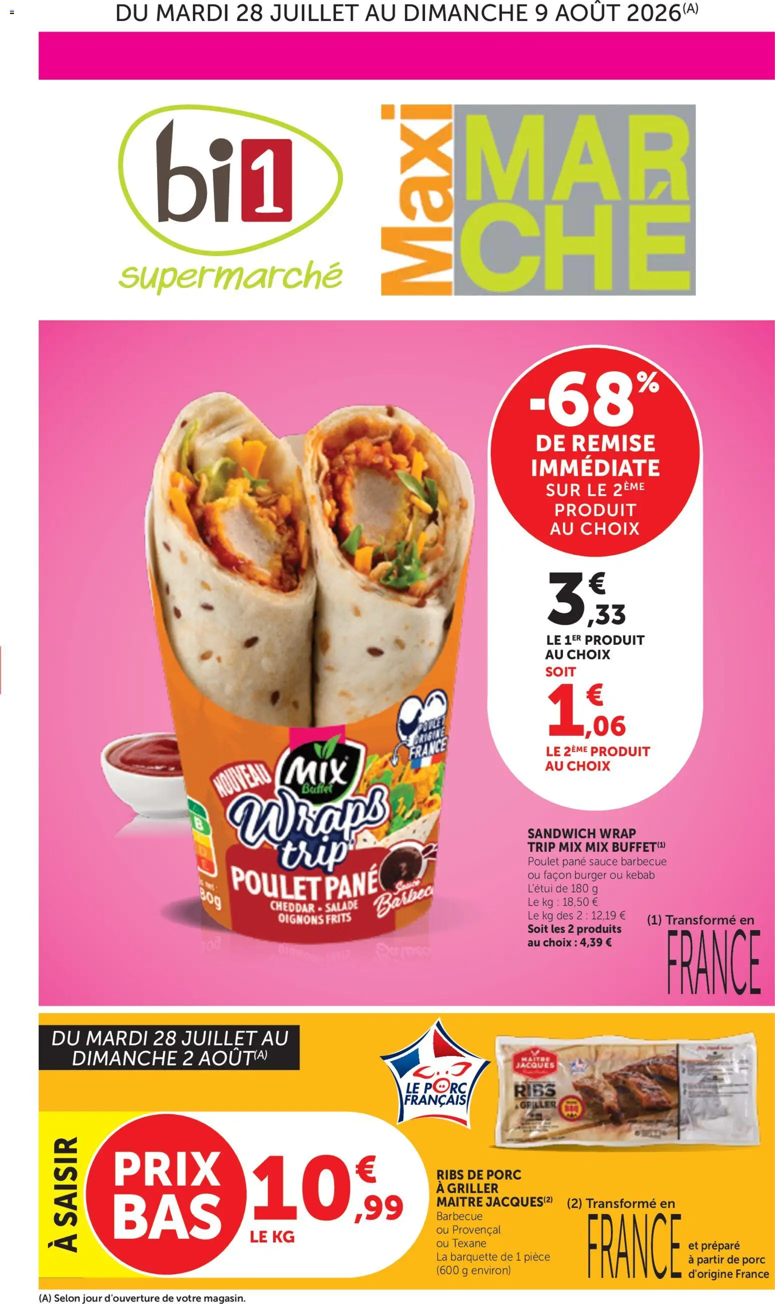 Prévisualisation de bi1 Catalogue maxi marché du magasin bi1 formulaire valide 28/07/2026 - Burger, Sandwich, Barbecue, Poulet, Wrap, Cheddar, Poulet pané, Ribs de porc