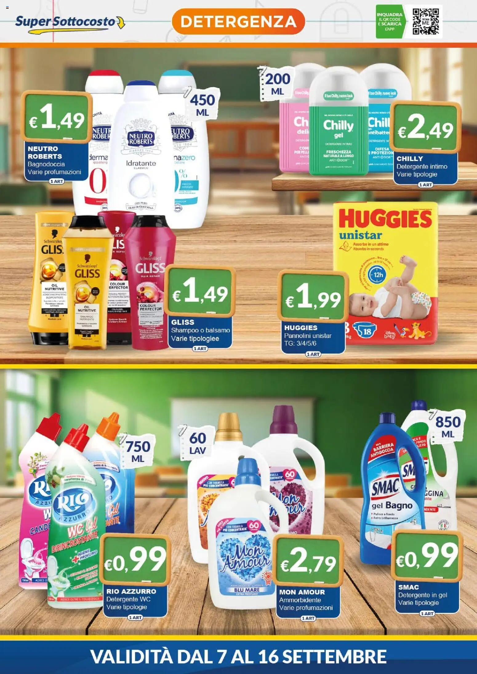Anteprima dell'opuscolo Mister Risparmio volantino dal negozio Mister Risparmio valido da 07/09/2026 - WC, Shampoo, Olio, Intimo, Ammorbidente, Pannolini, Balsamo, Detergente