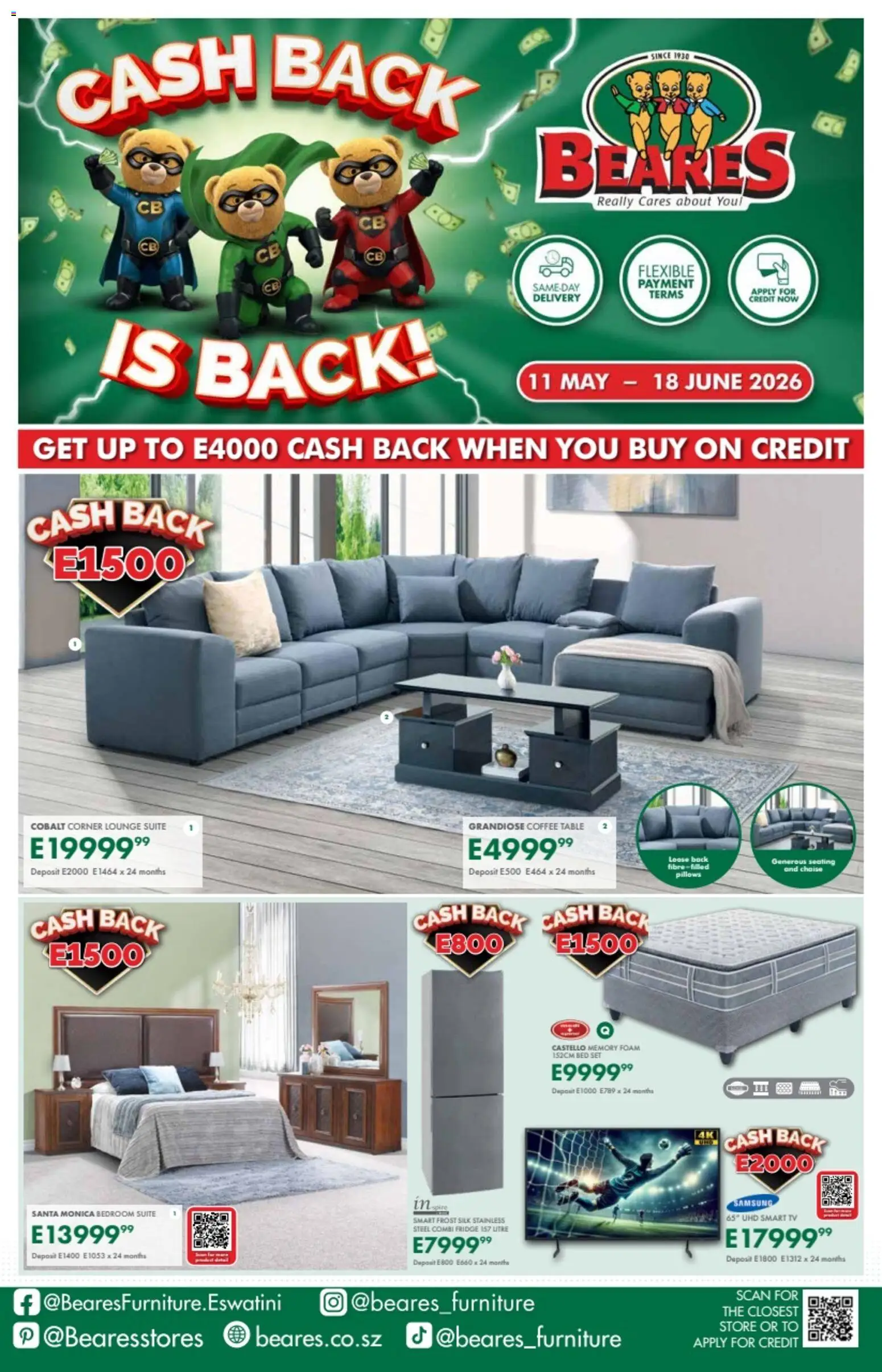 Preview of Beares flyer valid from 11/05/2026 - Coffee, Fridge, Coffee table, Bed, TV, Lounge suite, Chaise, Table