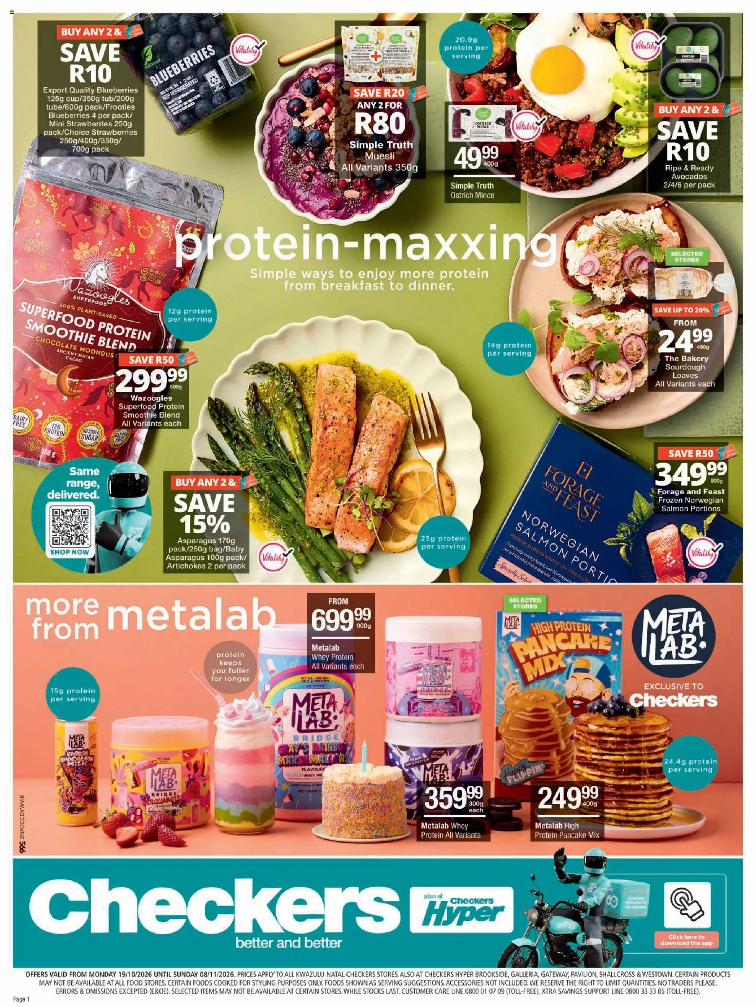 Preview of Checkers flyer valid from 19/10/2026 - Breakfast, Chocolate, Bakery, Protein, Strawberries, Avocados, Blueberries, Asparagus