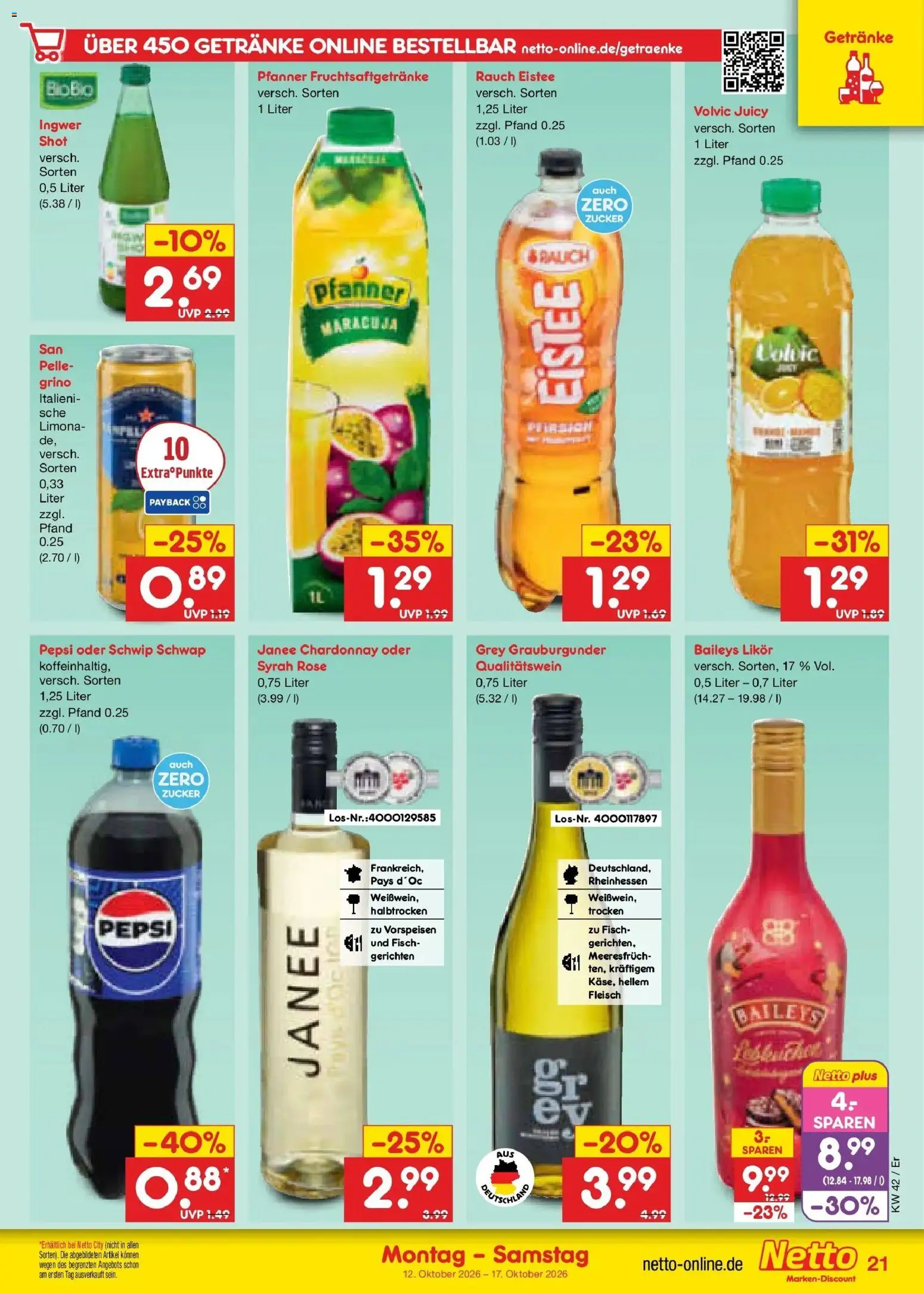 Vorschau von dem Prospekt des Geschäftes Netto Marken-Discount, gültig ab dem 12.10.2026 - Fisch, Baileys, Fleisch, Zucker, Pepsi, Volvic, Likör, Schwip schwap