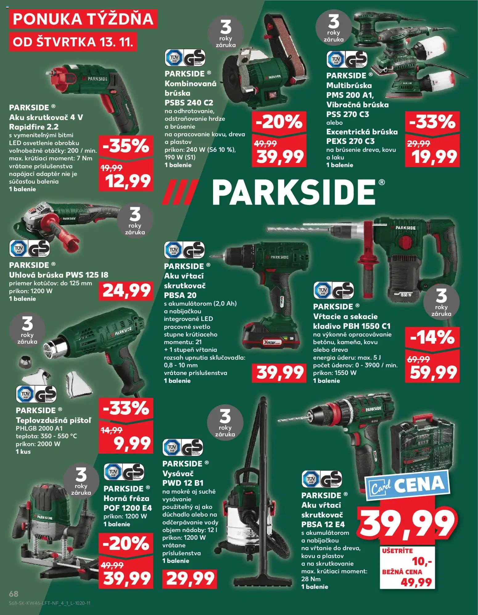 Náhľad Kaufland letáku platného od 13.11.2025 - Parkside, Led, Svetlo, Fréza, Aku, Skrutkovač, Uhlová brúska, Adaptér