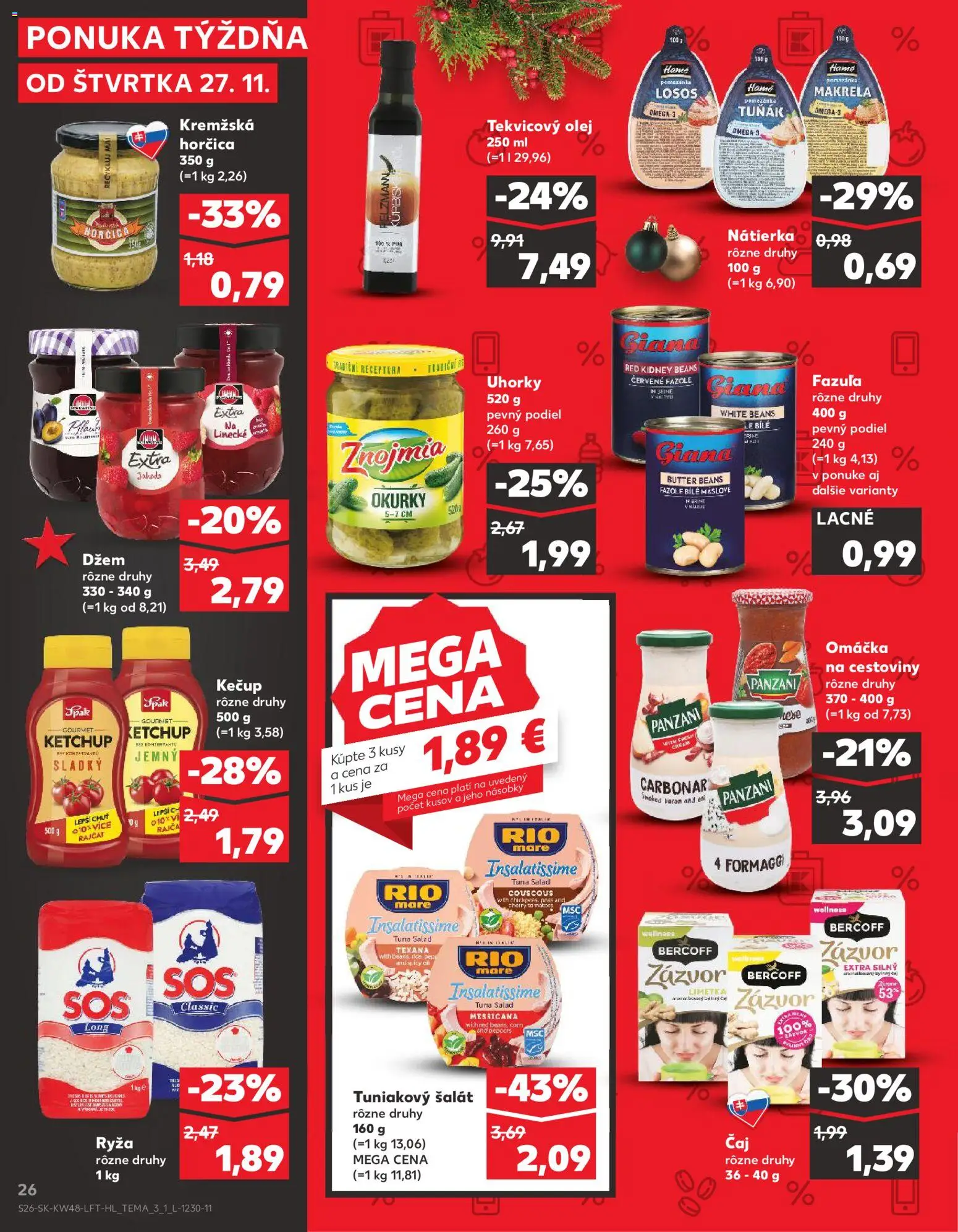 Náhľad Kaufland letáku platného od 27.11.2025 - Cestoviny, Losos, Šalát, Čaj, Fazuľa, Omáčka, Limetka, Cestoviny Panzani