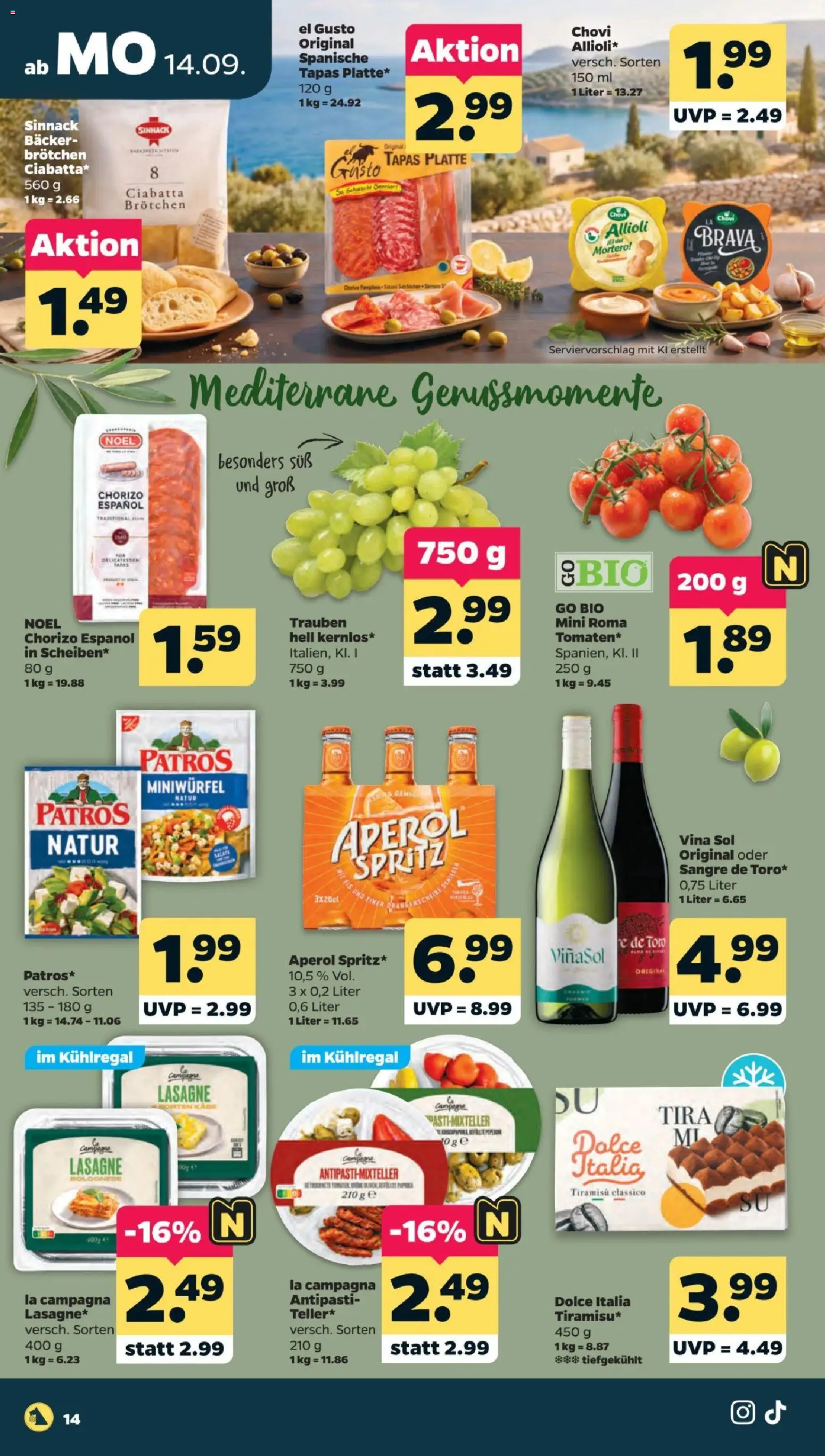 Vorschau von dem Prospekt des Geschäftes Netto, gültig ab dem 14.09.2026 - Käse, Lasagne, Aperol, Trauben, Patros